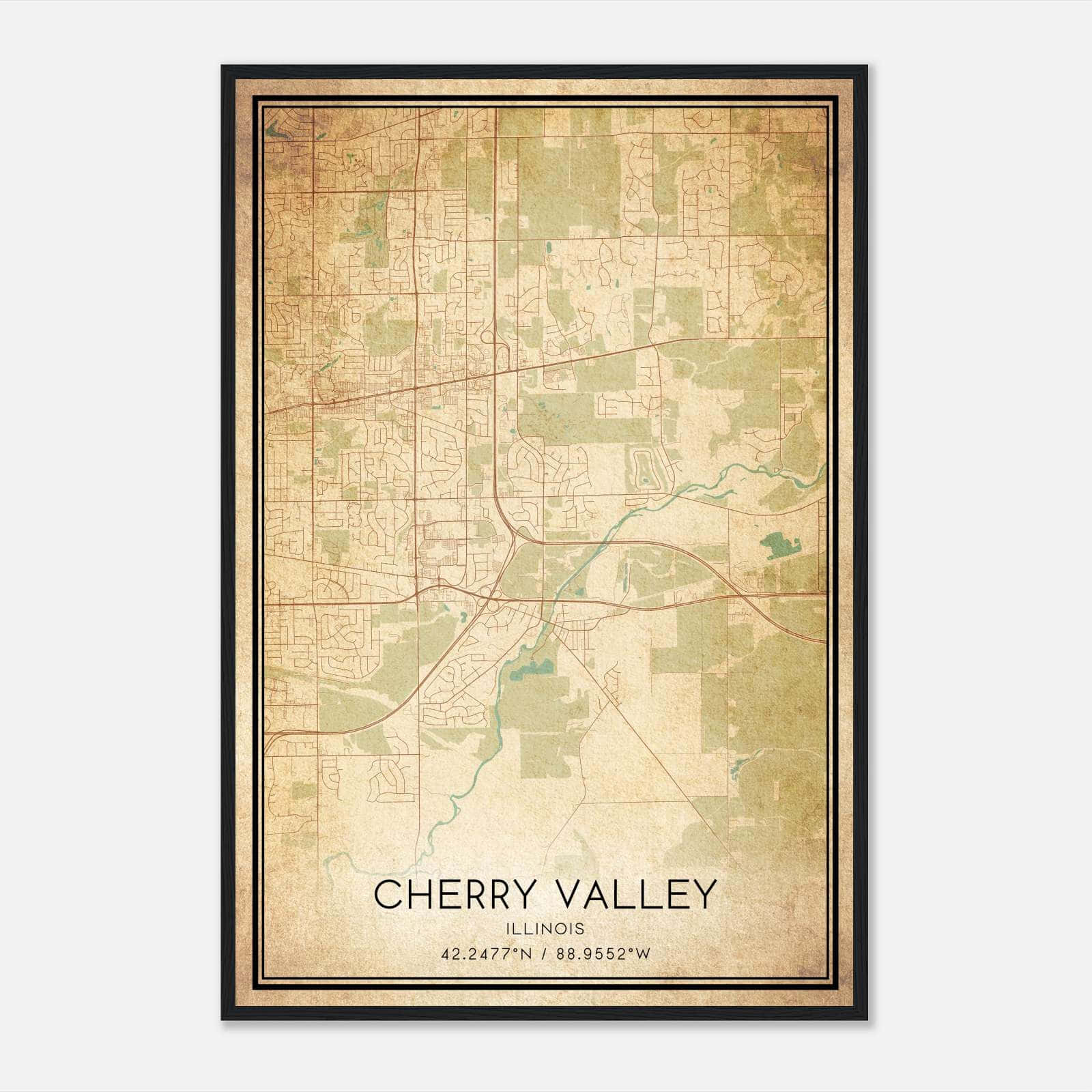 Vintage Cherry Valley Illinois Map Poster, Cherry Valley IL City Road Wall Art Print Vintage Cherry Valley Illinois Map Poster, Cherry Valley IL City Road Wall Art Print