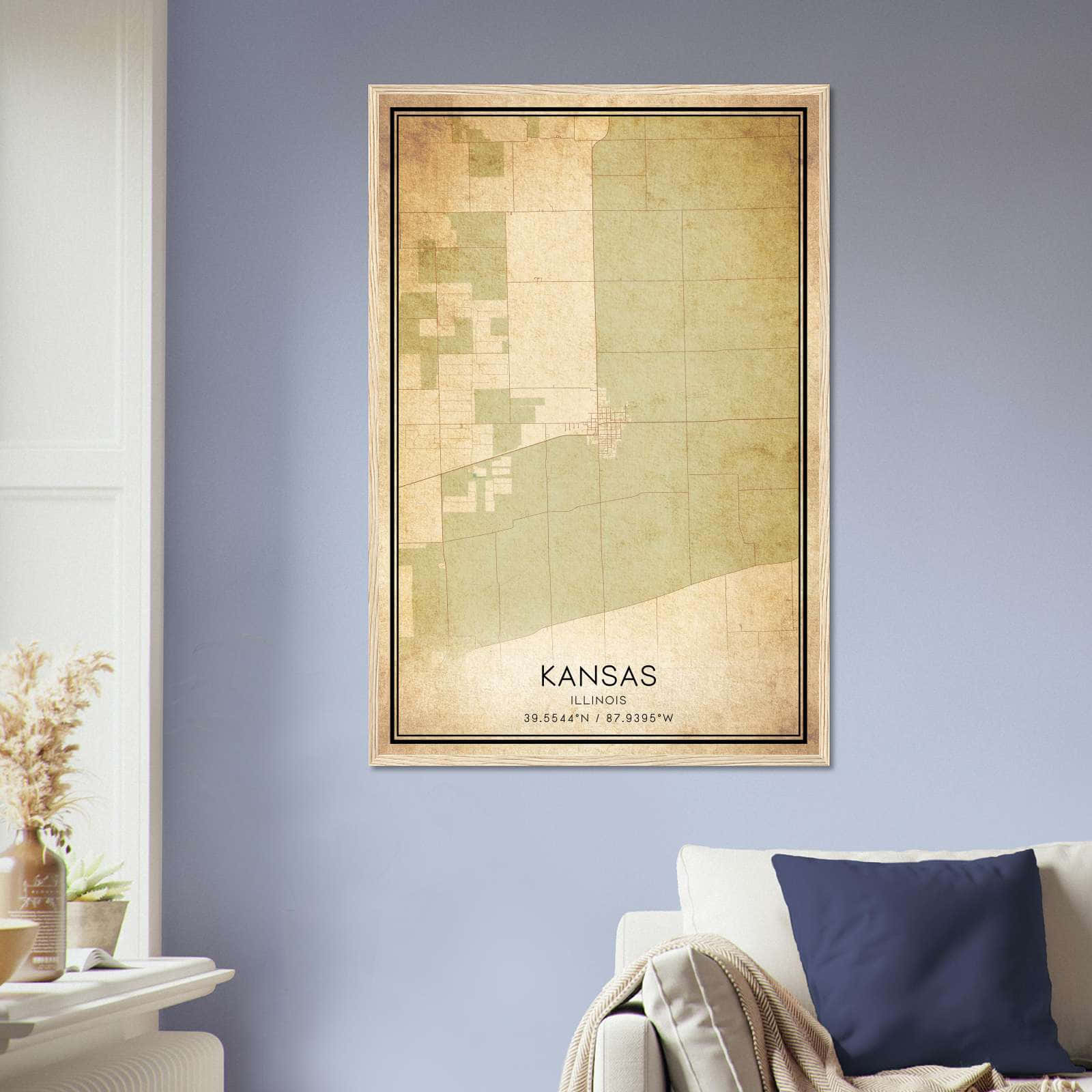 Vintage Kansas Illinois Map Poster, Kansas IL City Road Wall Art Print