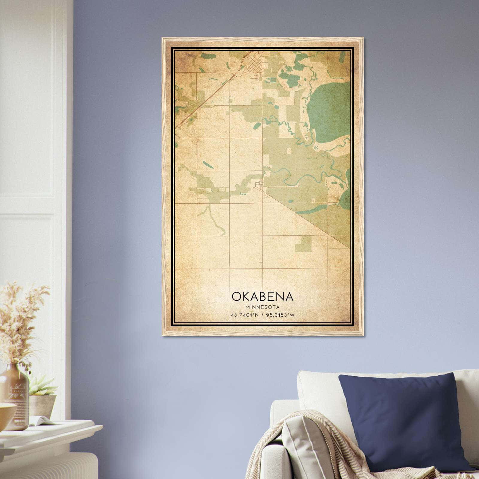 Vintage Okabena Minnesota Map Poster, Okabena MN City Road Wall Art Print