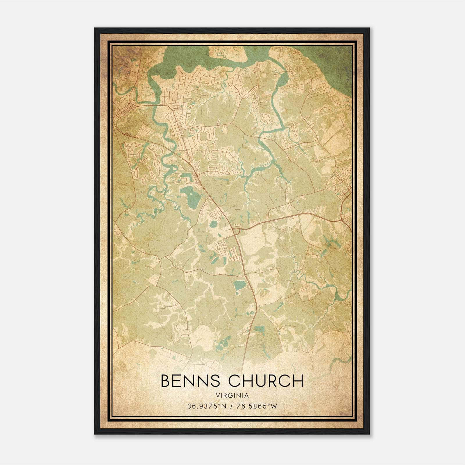 Vintage Benns Church Virginia Map Poster, Benns Church VA City Road Wall Art Print Vintage Benns Church Virginia Map Poster, Benns Church VA City Road Wall Art Print