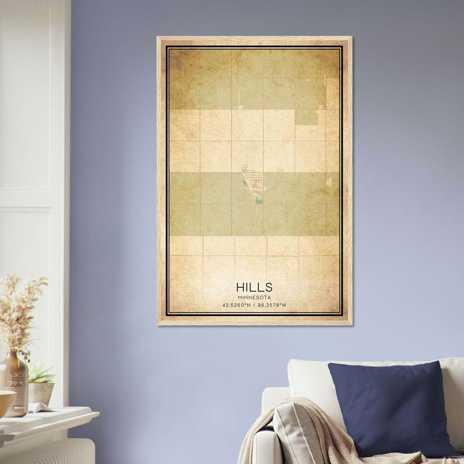 Vintage Hills Minnesota Map Poster, Hills MN City Road Wall Art Print