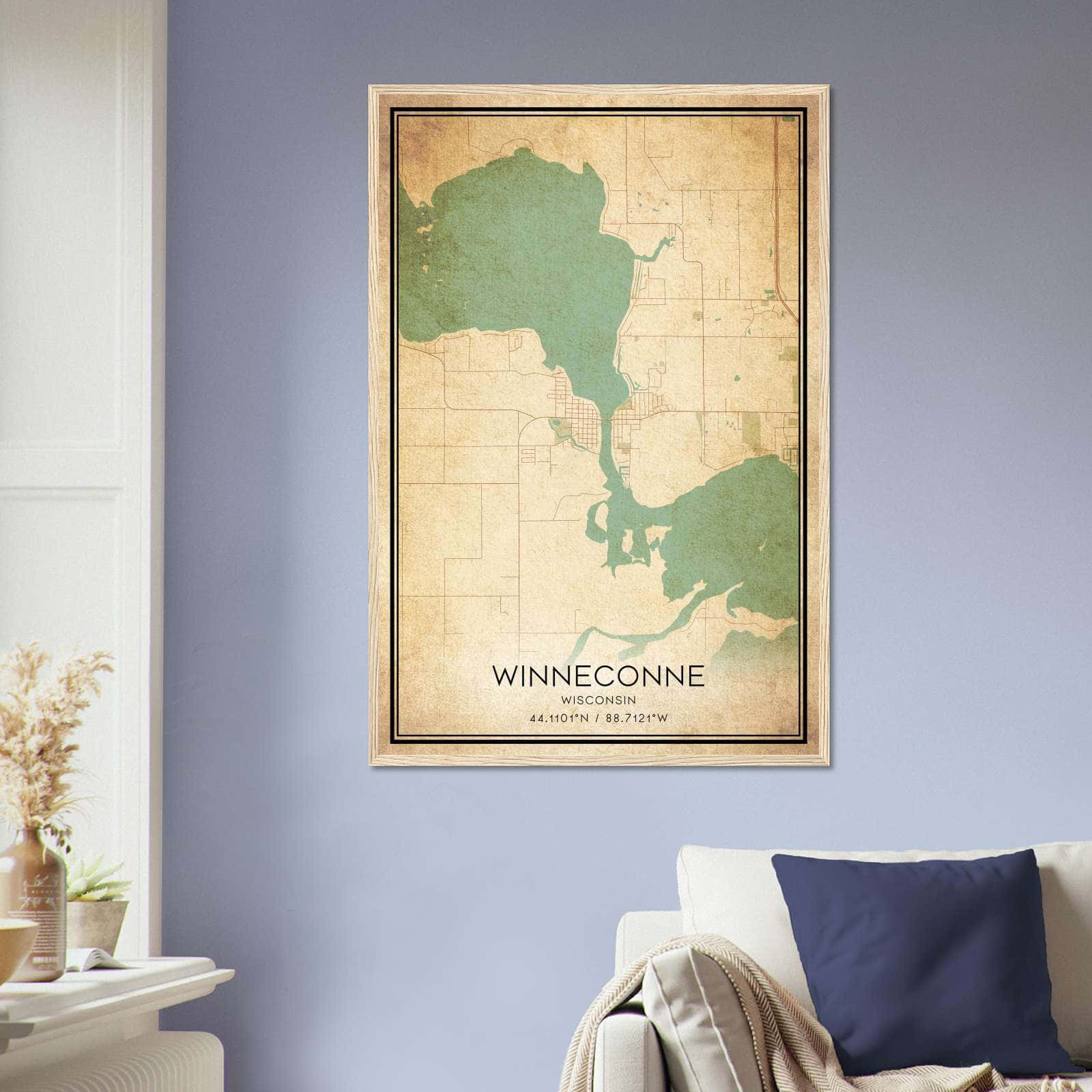 Vintage Winneconne Wisconsin Map Poster, Winneconne WI City Road Wall Art Print