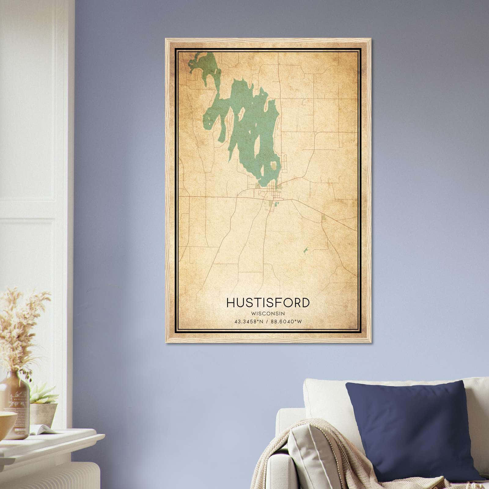 Vintage Hustisford Wisconsin Map Poster, Hustisford WI City Road Wall Art Print