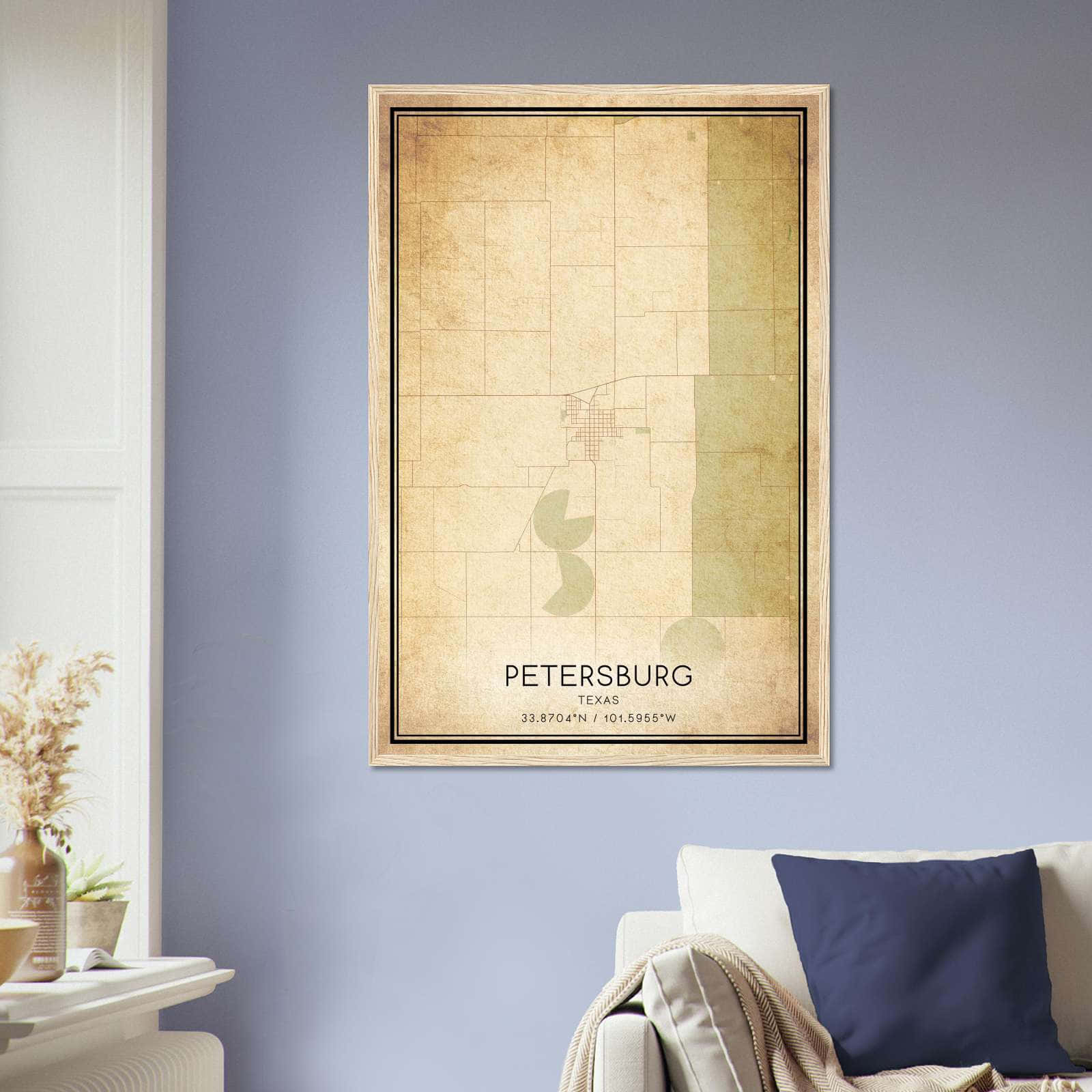 Vintage Petersburg Texas Map Poster, Petersburg TX City Road Wall Art Print