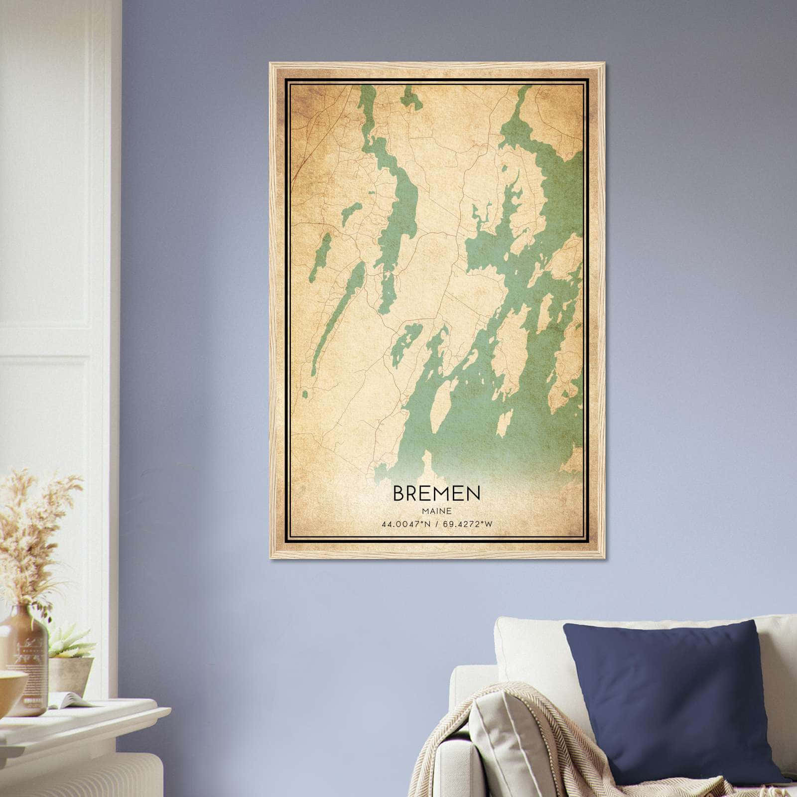 Vintage Bremen Maine Map Poster, Bremen ME City Road Wall Art Print