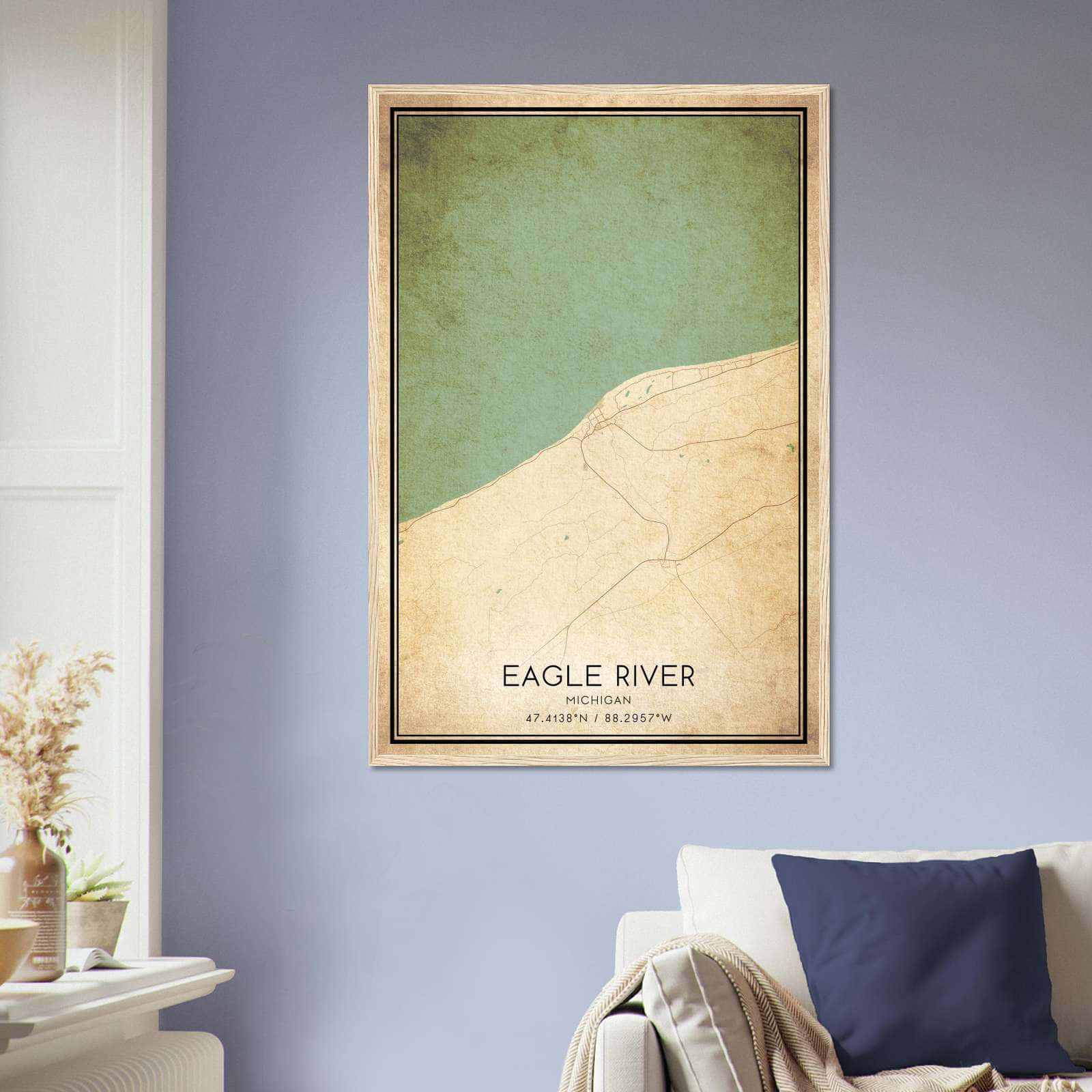 Vintage Eagle River Michigan Map Poster, Eagle River MI City Road Wall Art Print