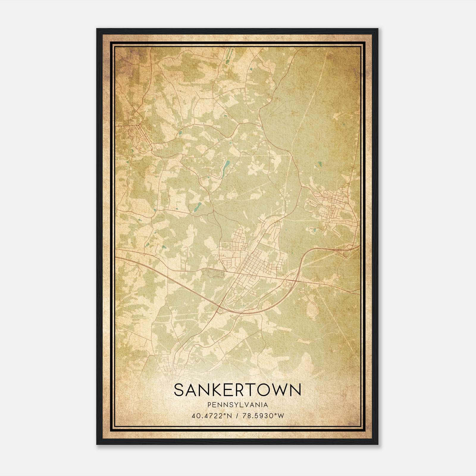 Vintage Sankertown Pennsylvania Map Poster, Sankertown PA City Road Wall Art Print Vintage Sankertown Pennsylvania Map Poster, Sankertown PA City Road Wall Art Print