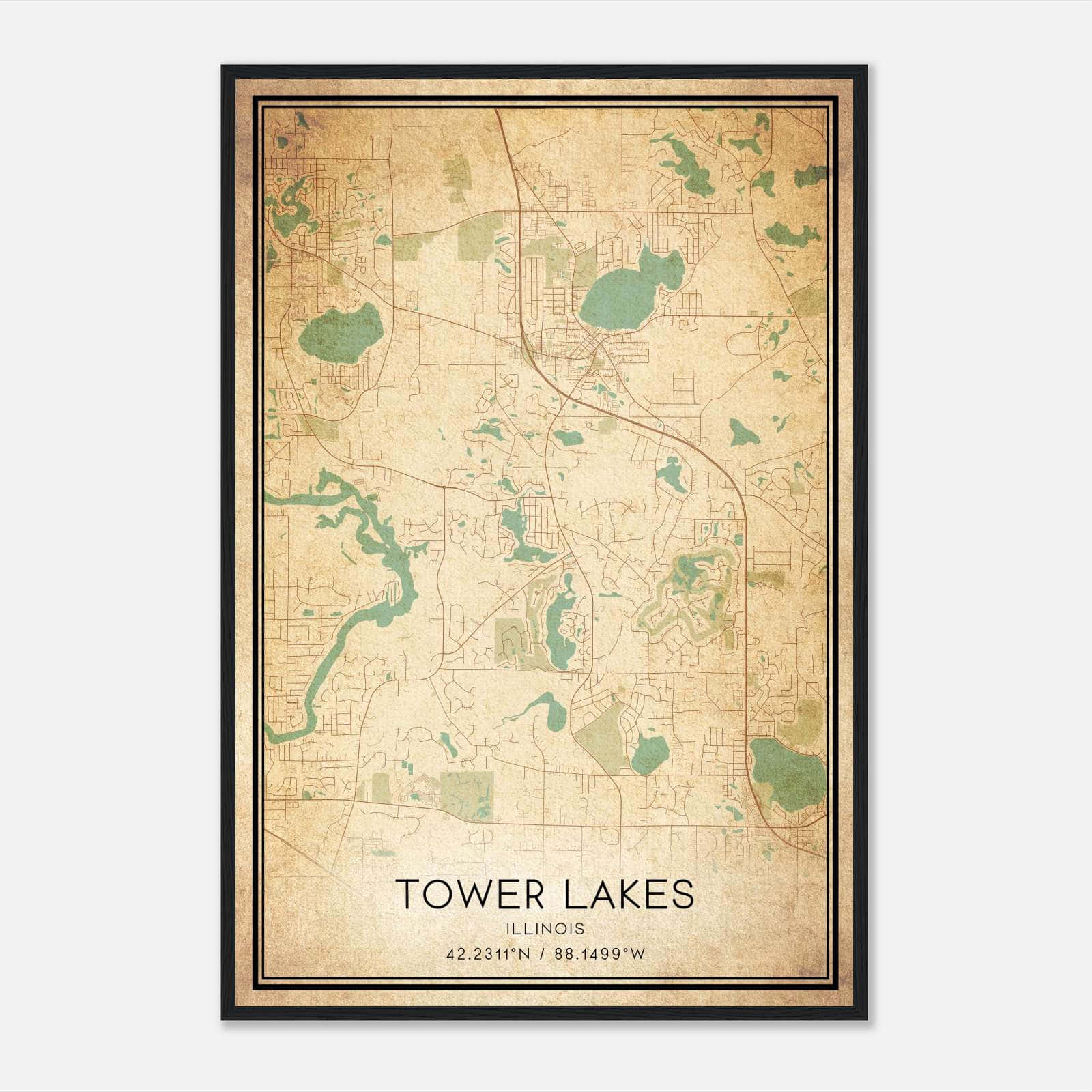 Vintage Tower Lakes Illinois Map Poster, Tower Lakes IL City Road Wall Art Print Vintage Tower Lakes Illinois Map Poster, Tower Lakes IL City Road Wall Art Print