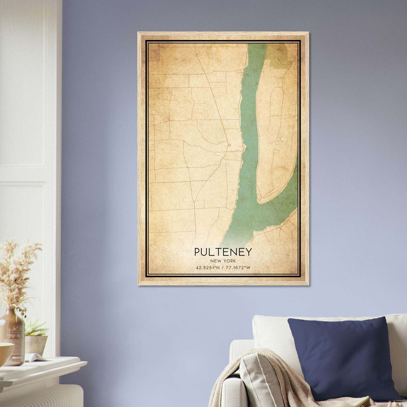 Vintage Pulteney New York Map Poster, Pulteney NY City Road Wall Art Print