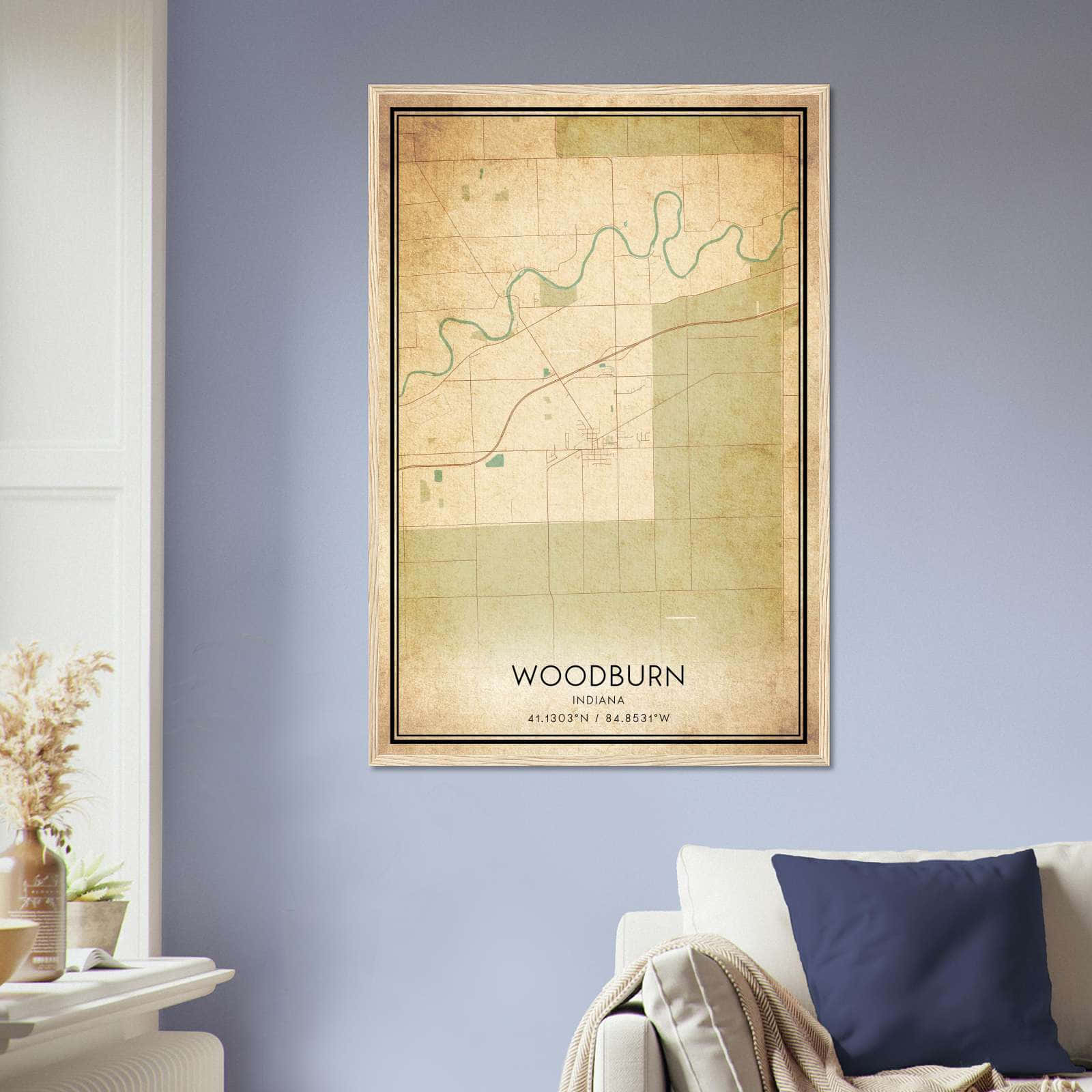 Vintage Woodburn Indiana Map Poster, Woodburn IN City Road Wall Art Print