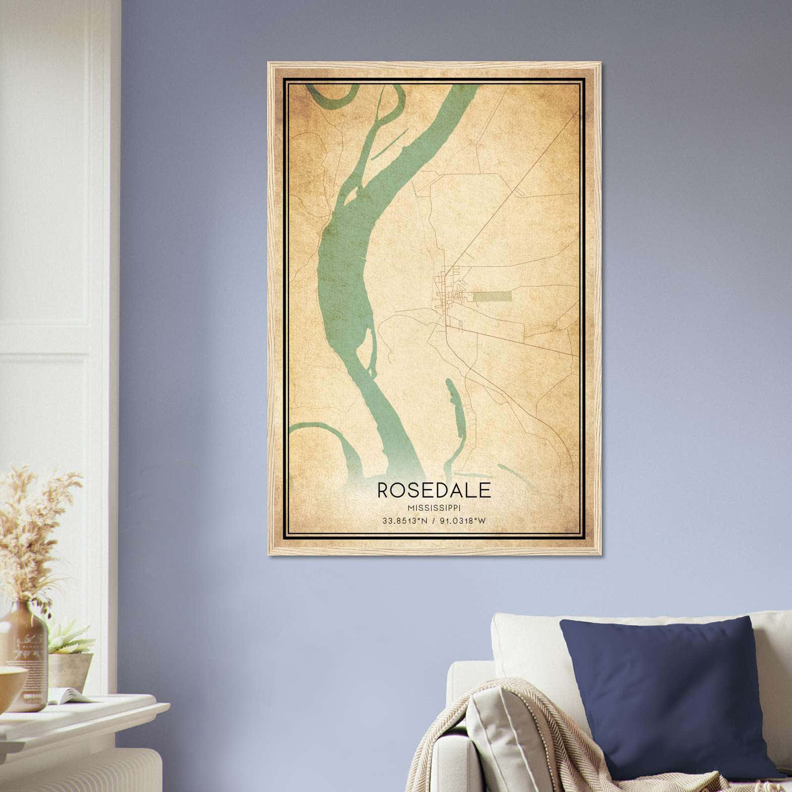 Vintage Rosedale Mississippi Map Poster, Rosedale MS City Road Wall Art Print