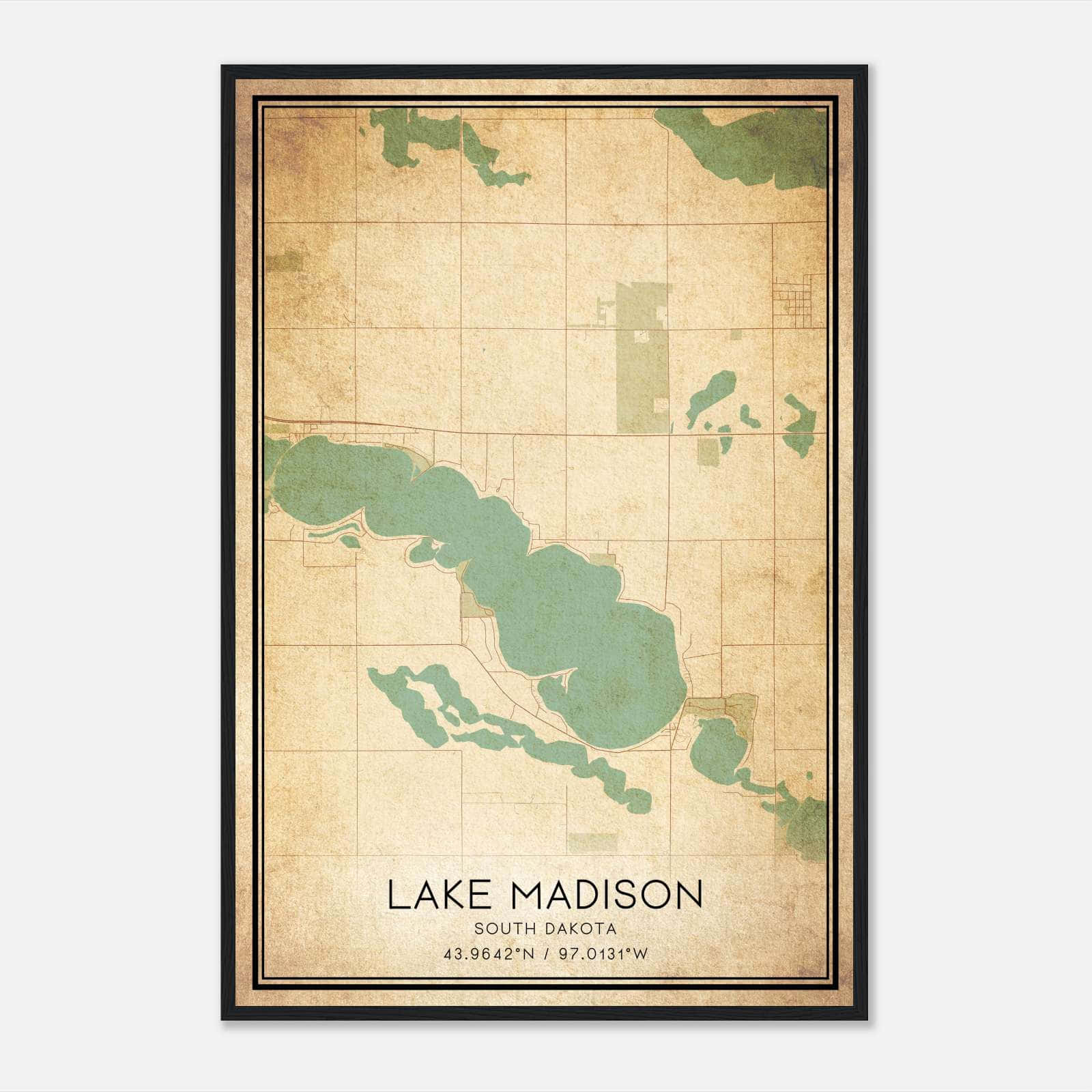 Vintage Lake Madison South Dakota Map Poster, Lake Madison SD City Road ...
