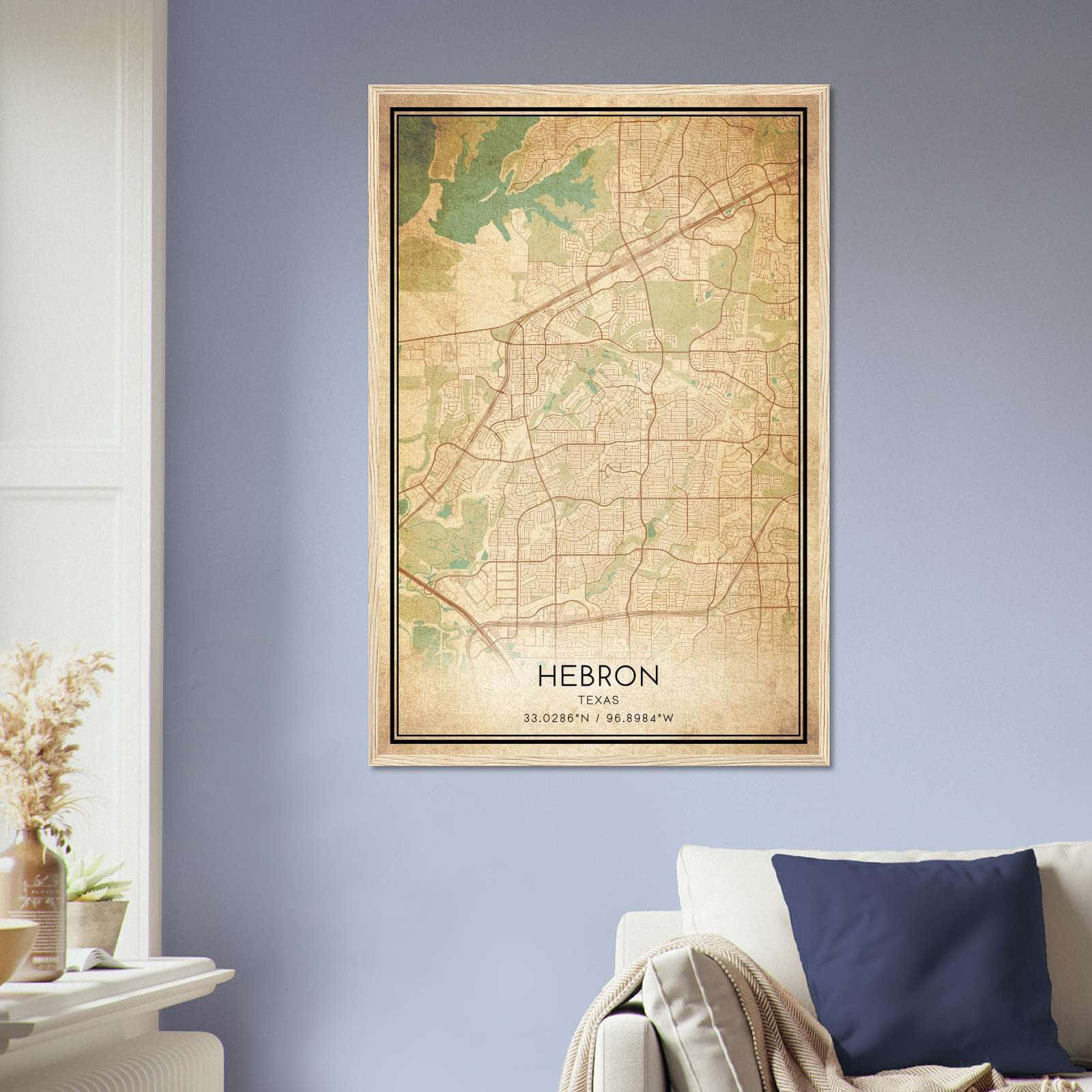 Vintage Hebron Texas Map Poster, Hebron TX City Road Wall Art Print