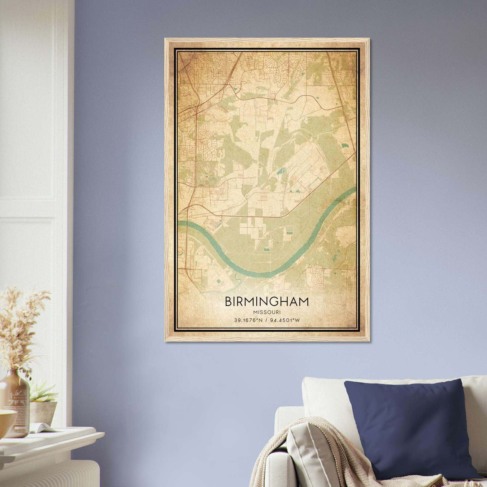 Vintage Birmingham Missouri Map Poster, Birmingham MO City Road Wall Art Print