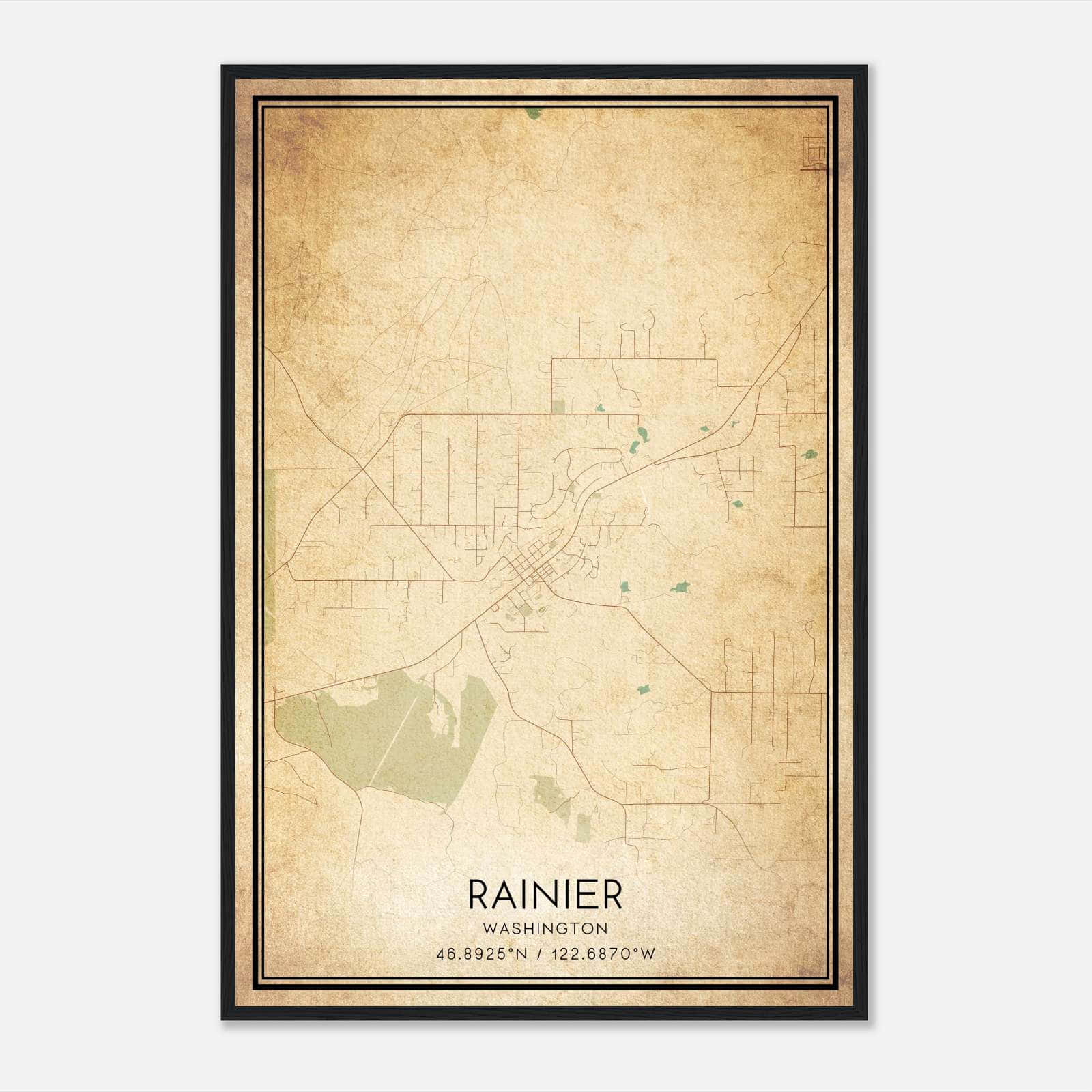 Vintage Rainier Washington Map Poster, Rainier WA City Road Wall Art Print Vintage Rainier Washington Map Poster, Rainier WA City Road Wall Art Print