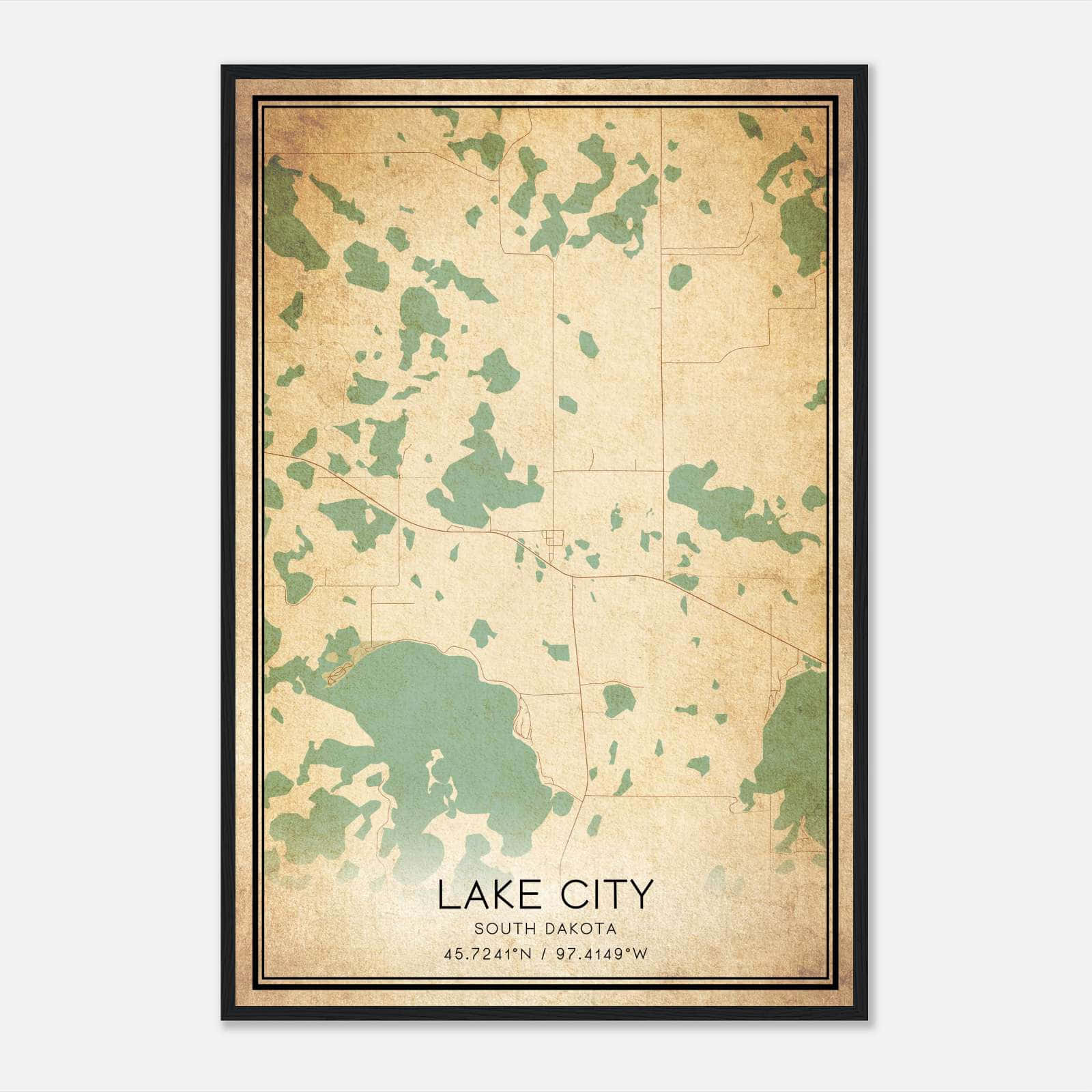 Vintage Lake City South Dakota Map Poster, Lake City SD City Road Wall ...