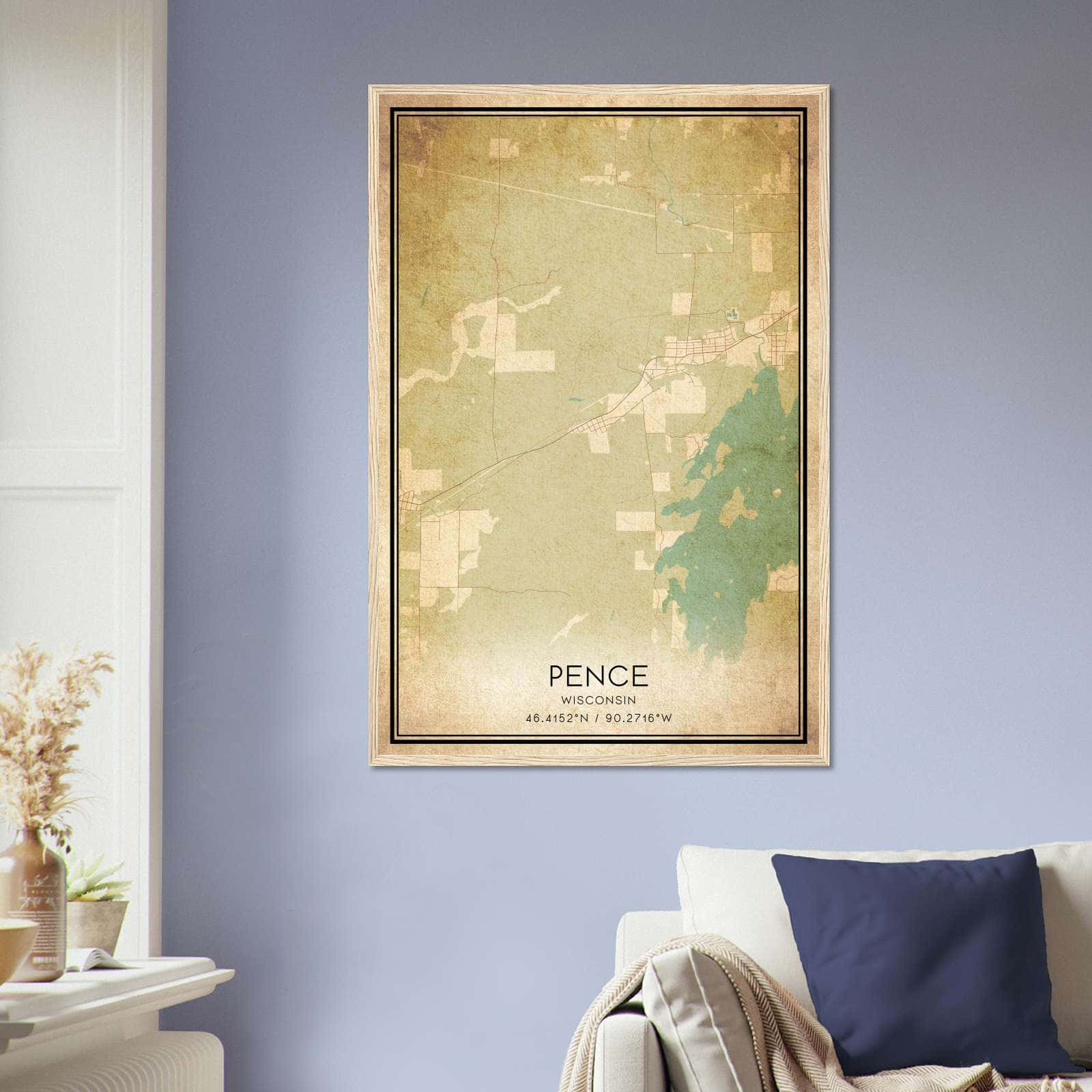 Vintage Pence Wisconsin Map Poster, Pence WI City Road Wall Art Print