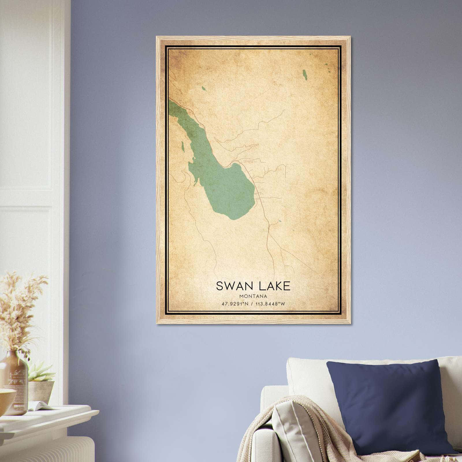 Vintage Swan Lake Montana Map Poster, Swan Lake MT City Road Wall Art Print