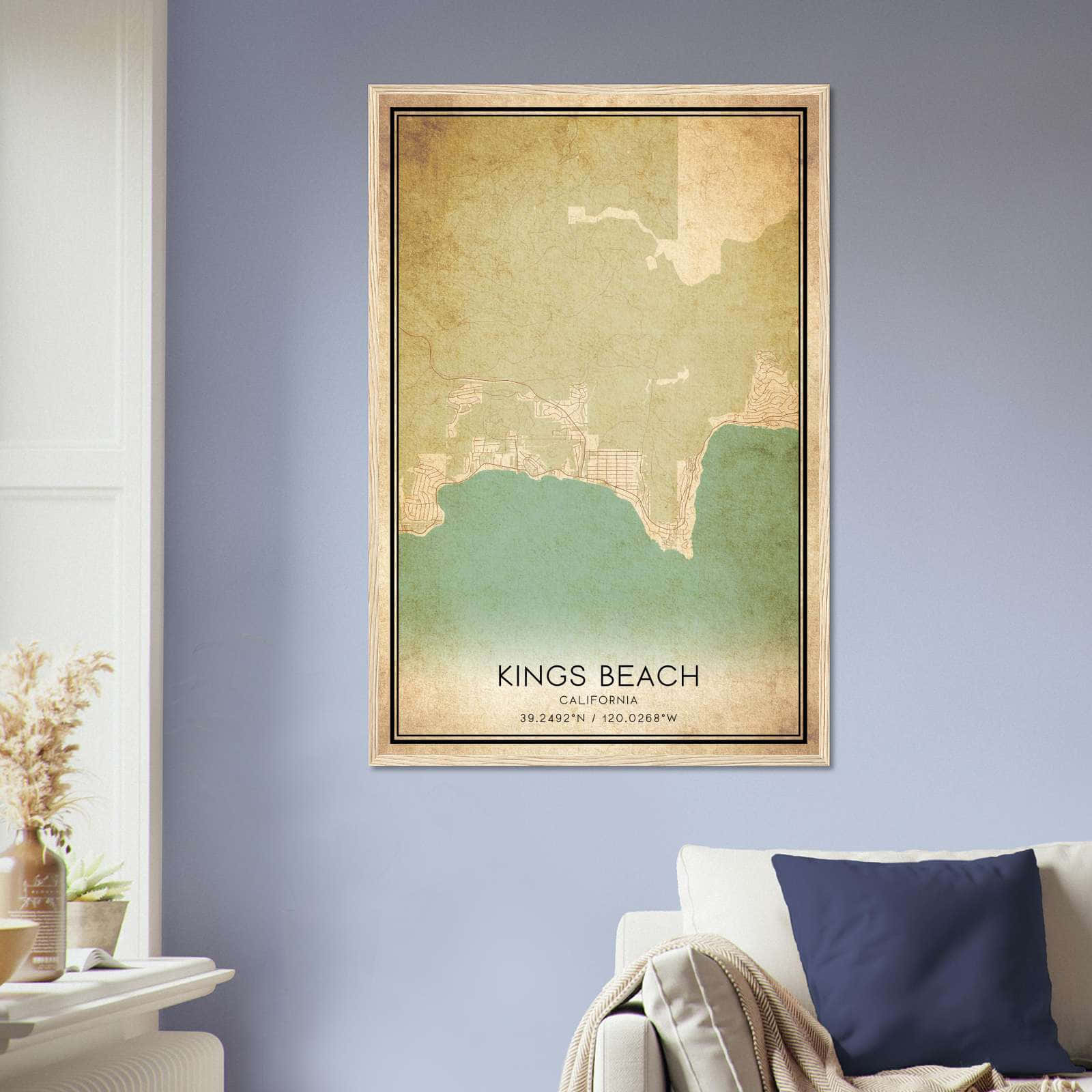 Vintage Kings Beach California Map Poster, Kings Beach CA City Road Wall Art Print
