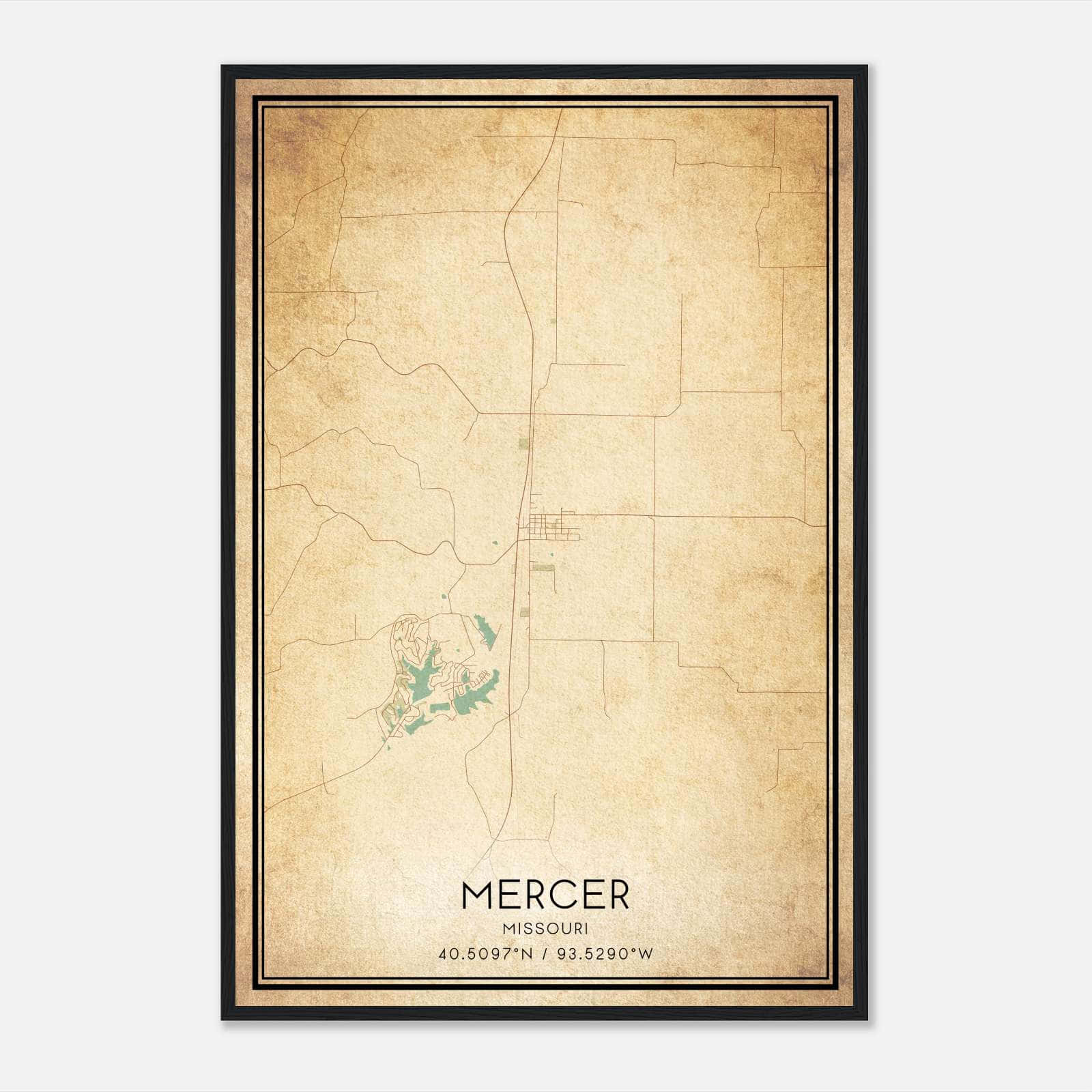 Vintage Mercer Missouri Map Poster, Mercer MO City Road Wall Art Print Vintage Mercer Missouri Map Poster, Mercer MO City Road Wall Art Print