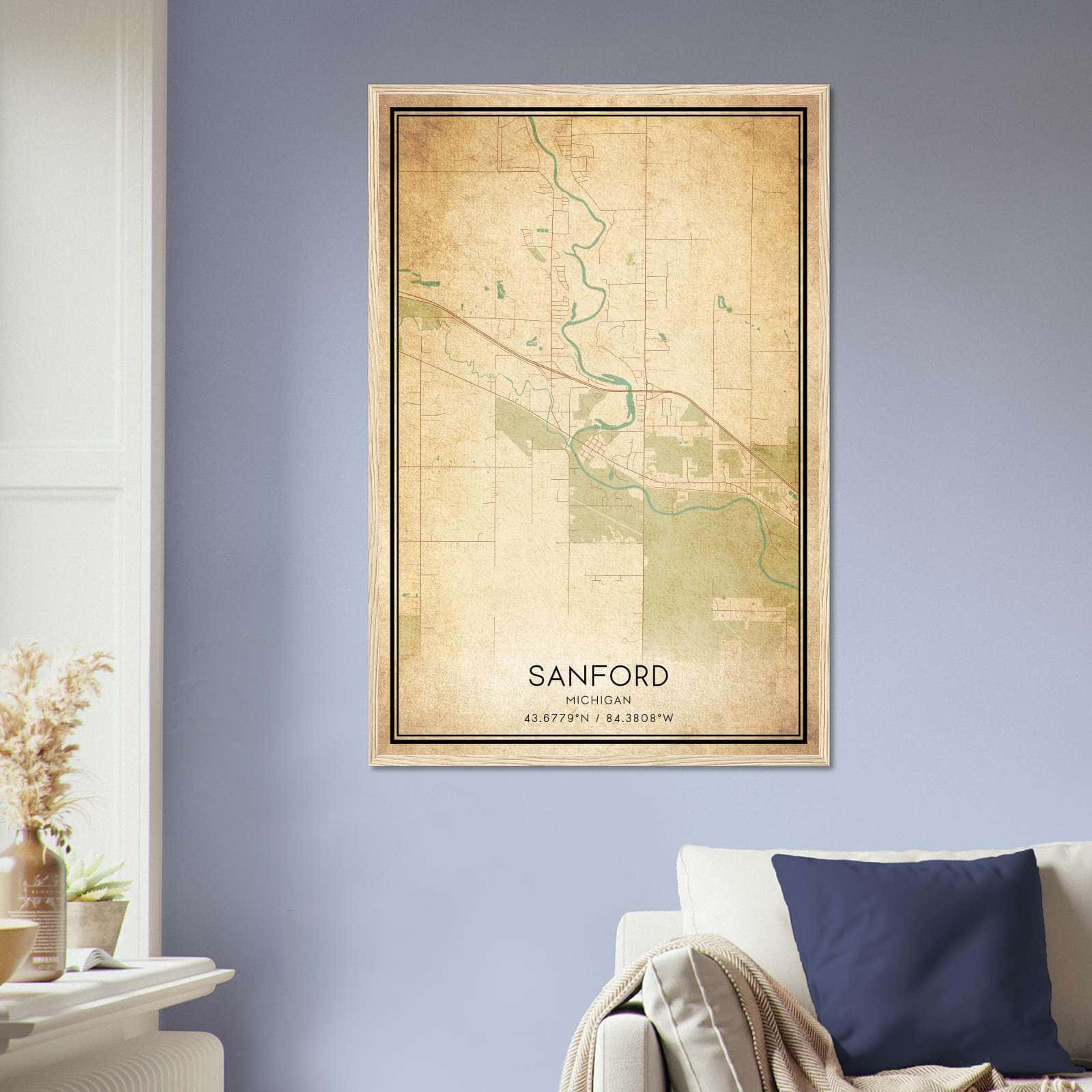 Vintage Sanford Michigan Map Poster, Sanford MI City Road Wall Art Print