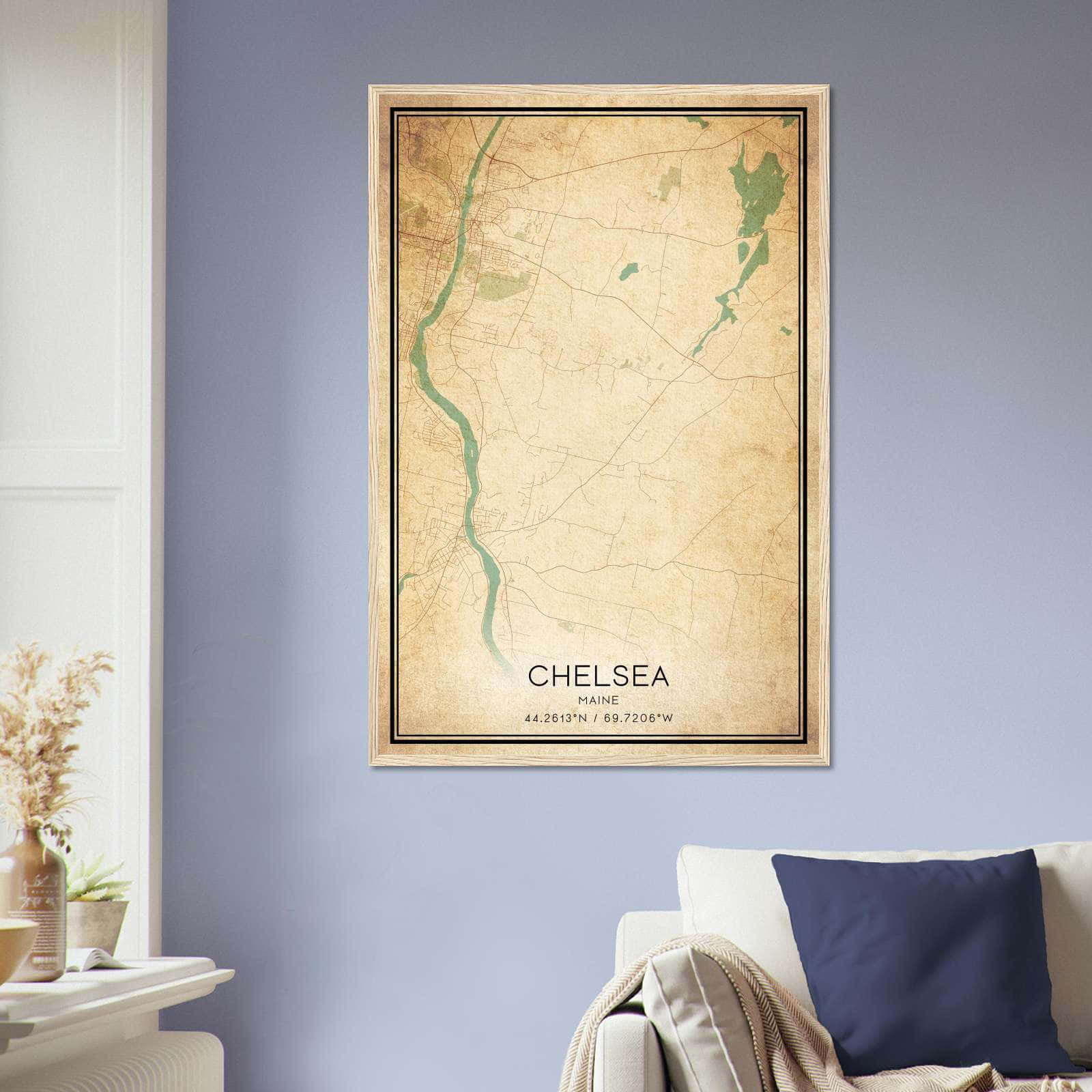 Vintage Chelsea Maine Map Poster, Chelsea ME City Road Wall Art Print