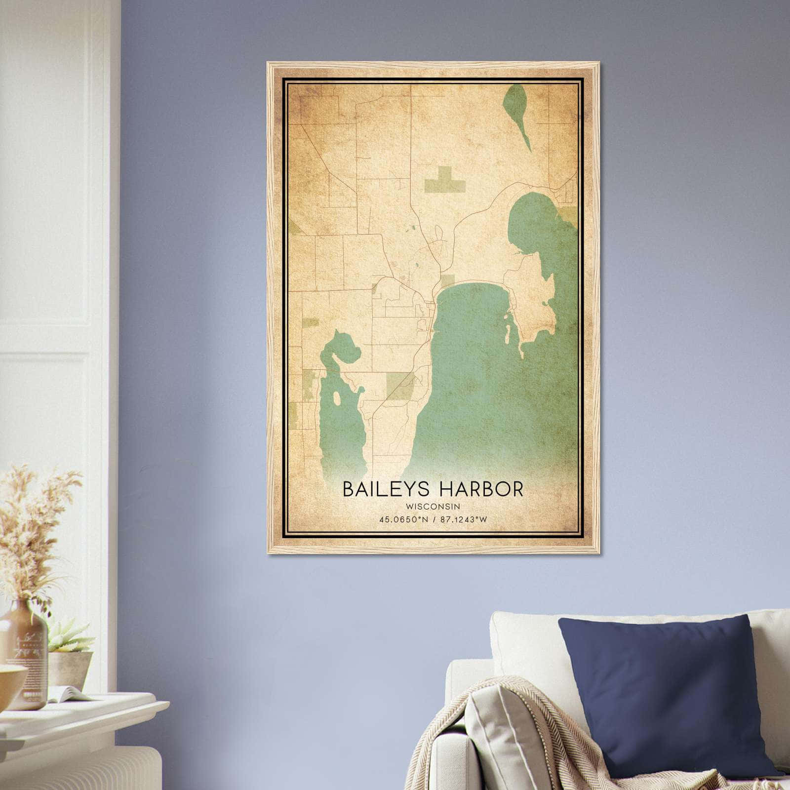 Vintage Baileys Harbor Wisconsin Map Poster, Baileys Harbor WI City Road Wall Art Print