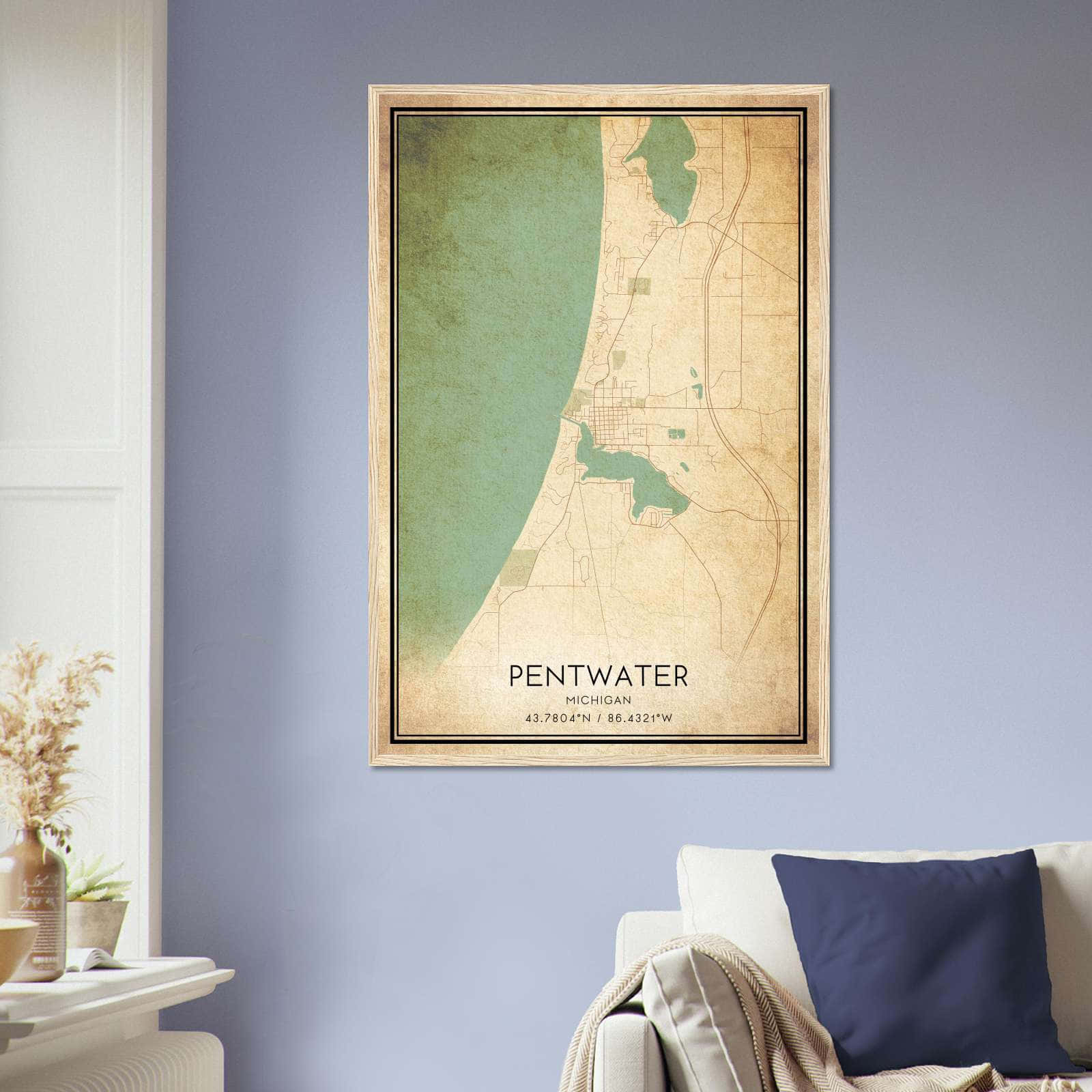Vintage Pentwater Michigan Map Poster, Pentwater MI City Road Wall Art Print