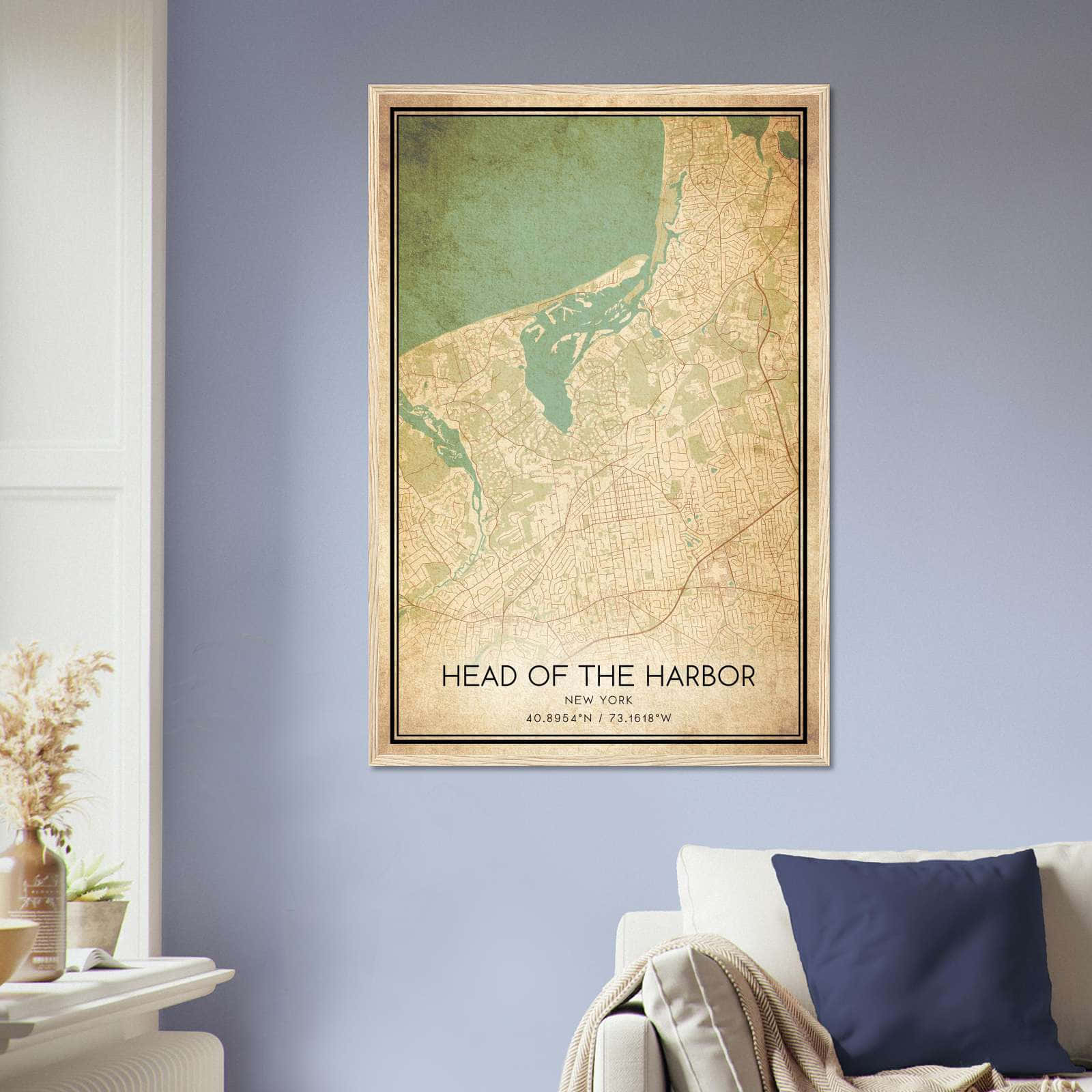 Vintage Head Of The Harbor New York Map Poster, Head Of The Harbor NY City Road Wall Art Print