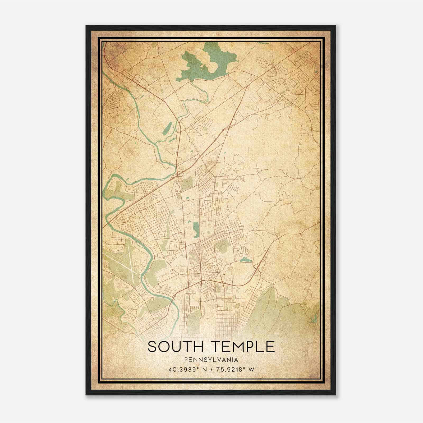 Vintage South Temple Pennsylvania Map Poster, South Temple PA City Road Wall Art Print Vintage South Temple Pennsylvania Map Poster, South Temple PA City Road Wall Art Print