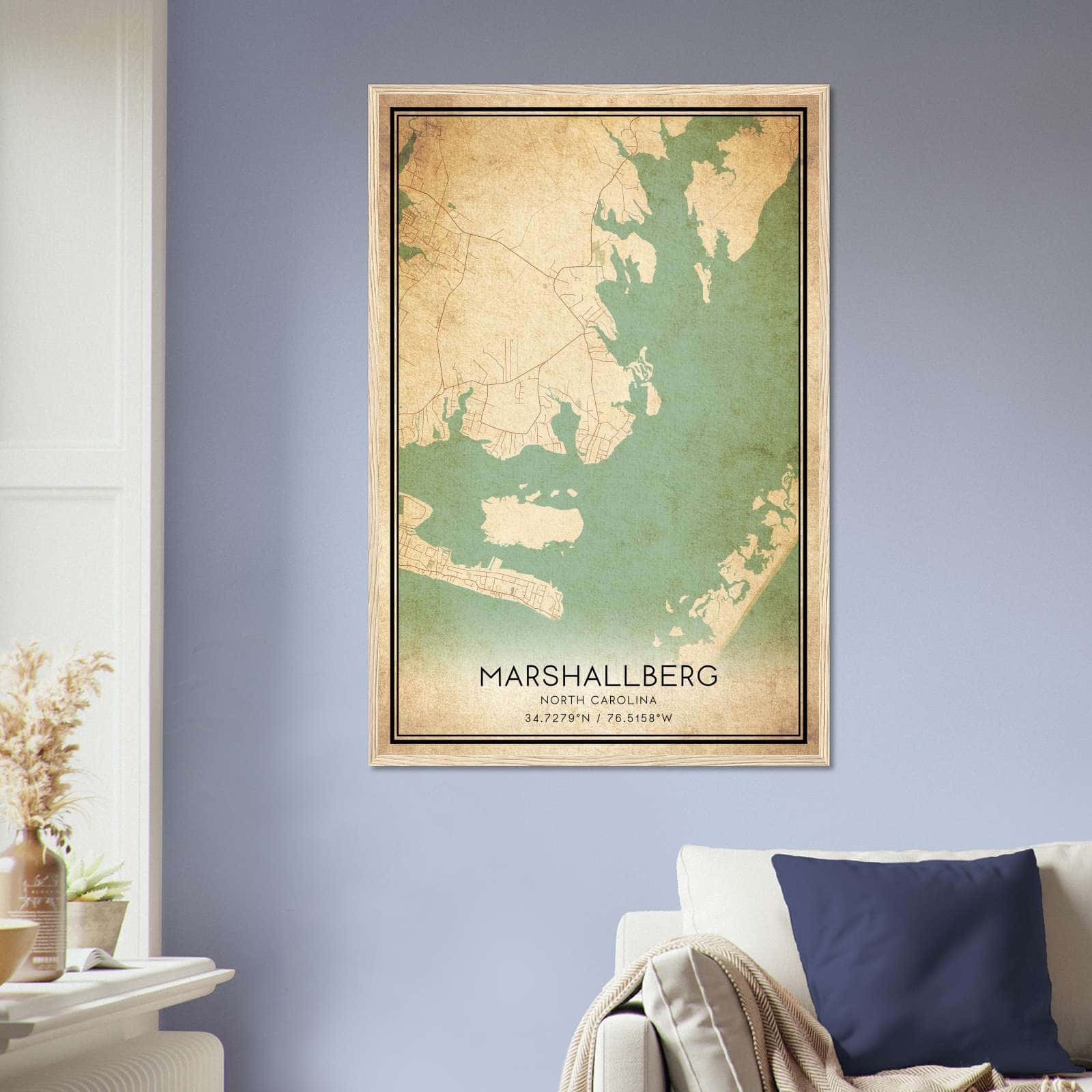 Vintage Marshallberg North Carolina Map Poster, Marshallberg NC City Road Wall Art Print
