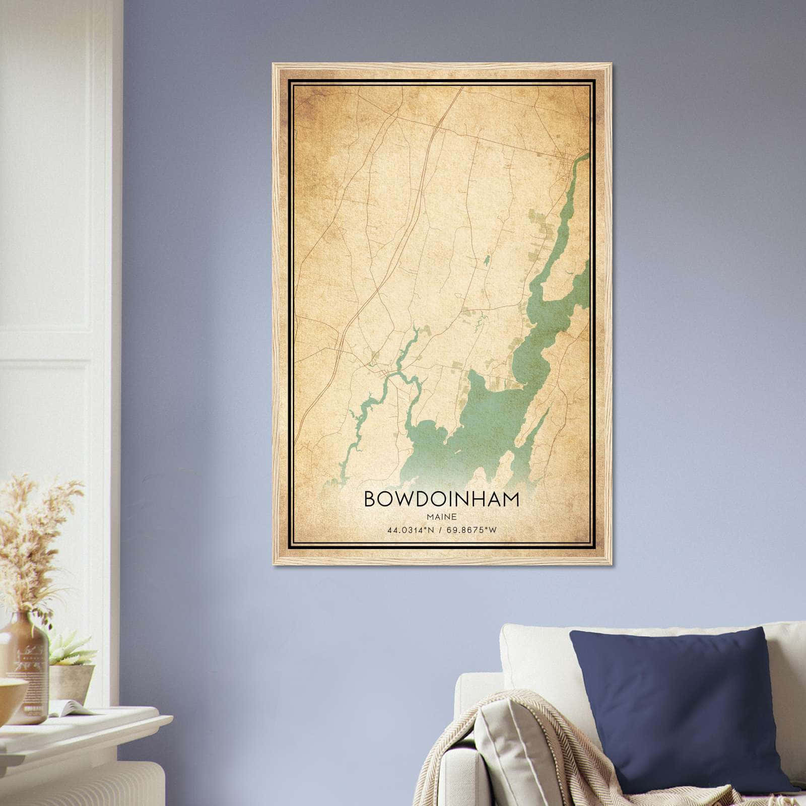 Vintage Bowdoinham Maine Map Poster, Bowdoinham ME City Road Wall Art Print
