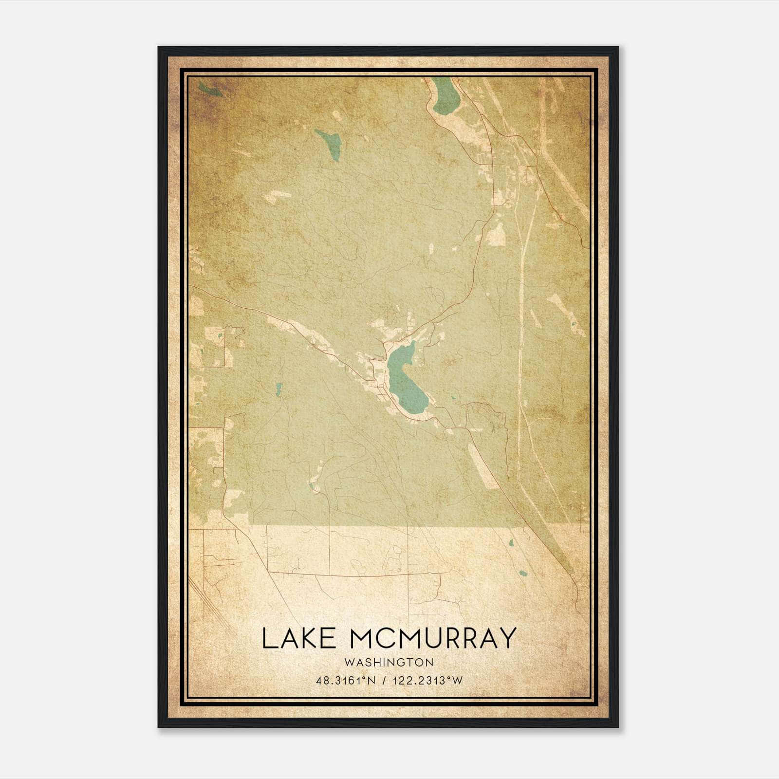 Vintage Lake Mcmurray Washington Map Poster, Lake Mcmurray WA City Road