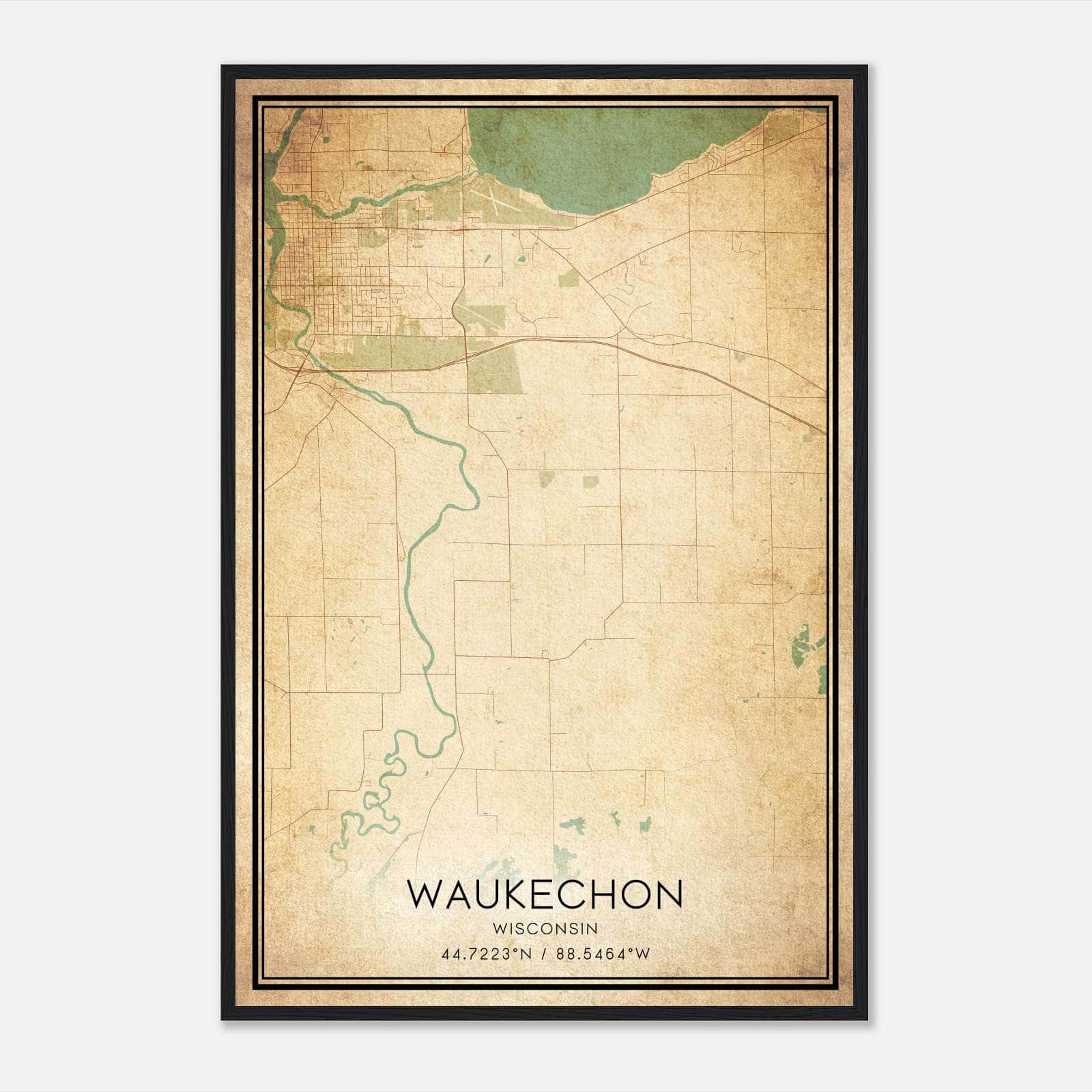 Vintage Waukechon Wisconsin Map Poster, Waukechon WI City Road Wall Art Print Vintage Waukechon Wisconsin Map Poster, Waukechon WI City Road Wall Art Print