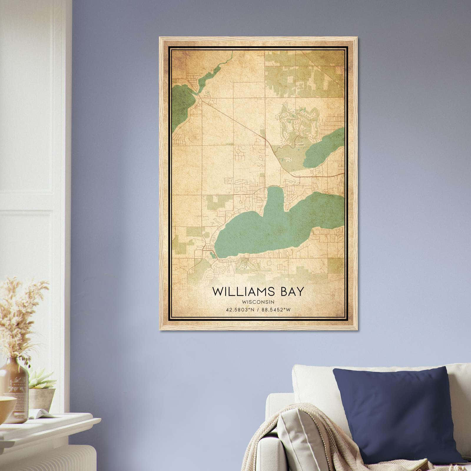 Vintage Williams Bay Wisconsin Map Poster, Williams Bay WI City Road Wall Art Print