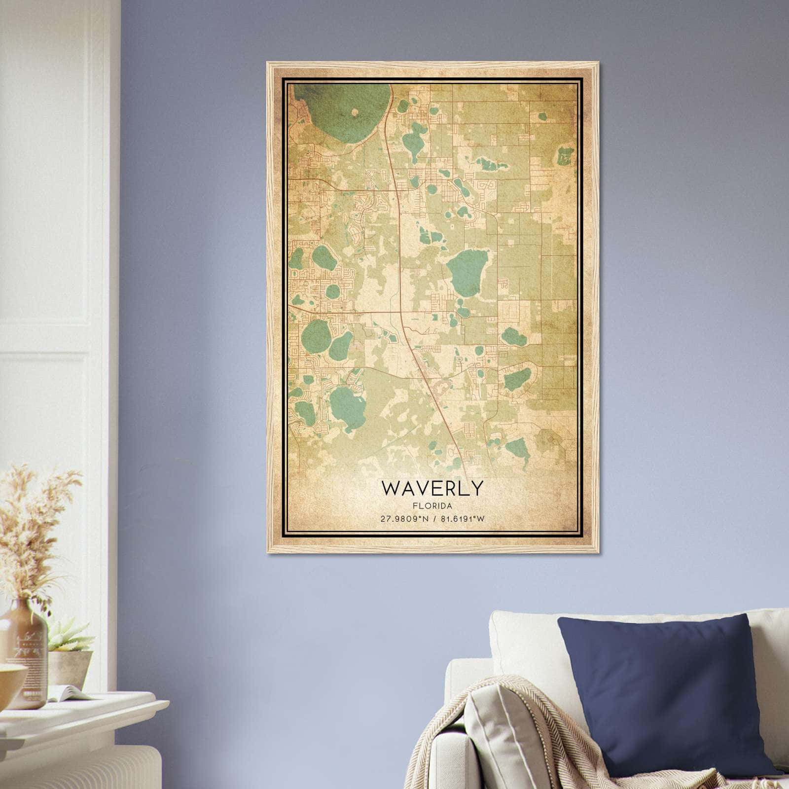 Vintage Waverly Florida Map Poster, Waverly FL City Road Wall Art Print