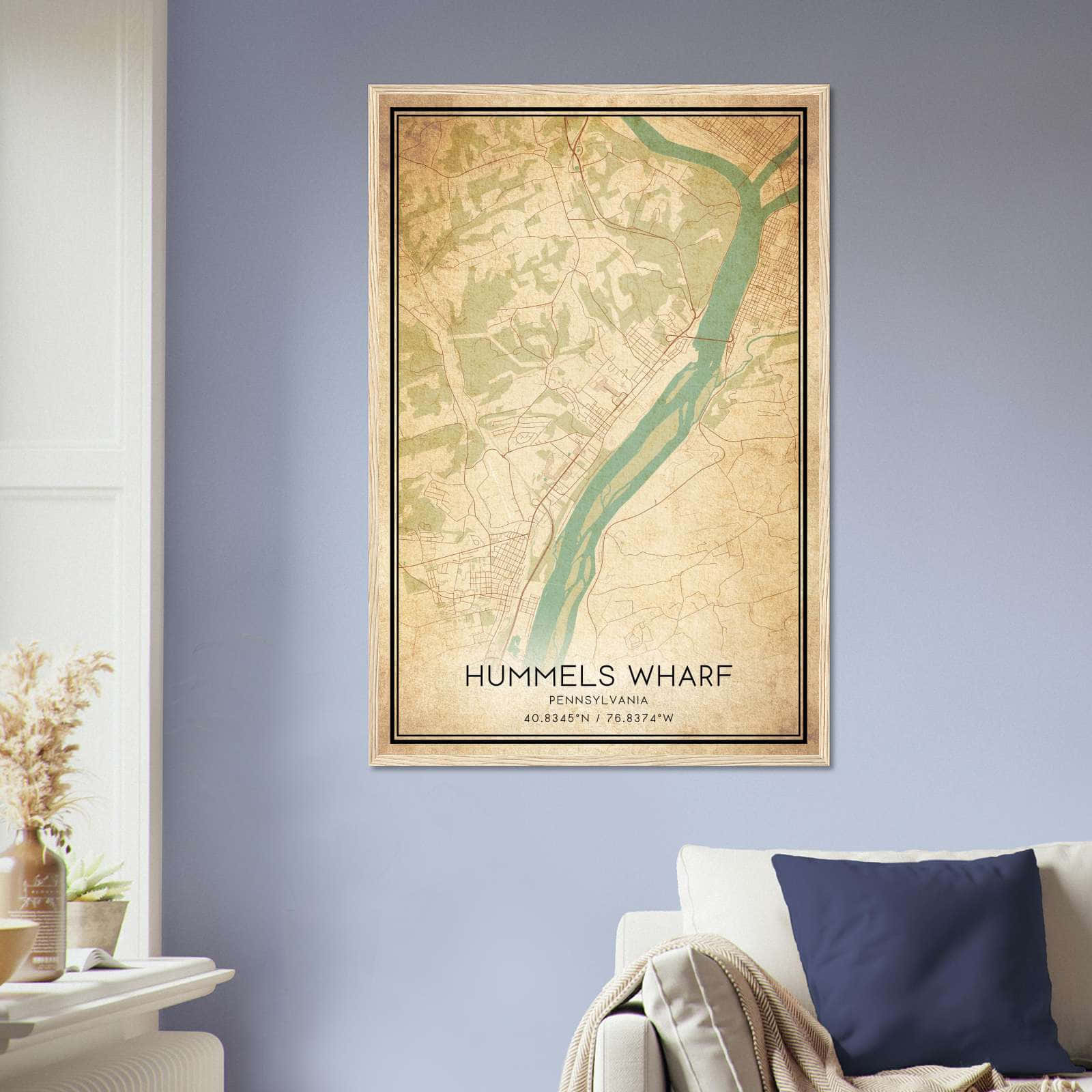 Vintage Hummels Wharf Pennsylvania Map Poster, Hummels Wharf PA City Road Wall Art Print