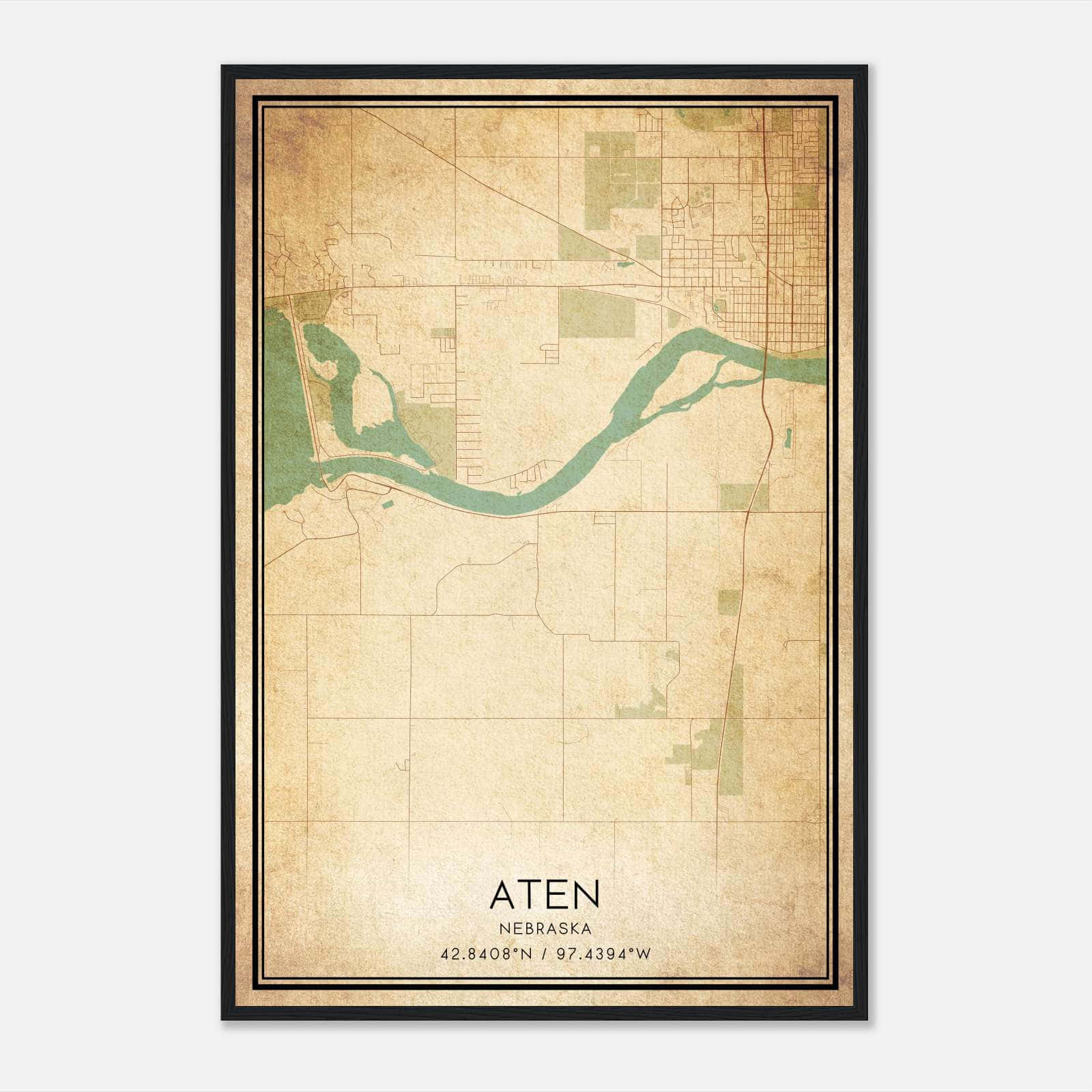 Vintage Aten Nebraska Map Poster, Aten NE City Road Wall Art Print Vintage Aten Nebraska Map Poster, Aten NE City Road Wall Art Print