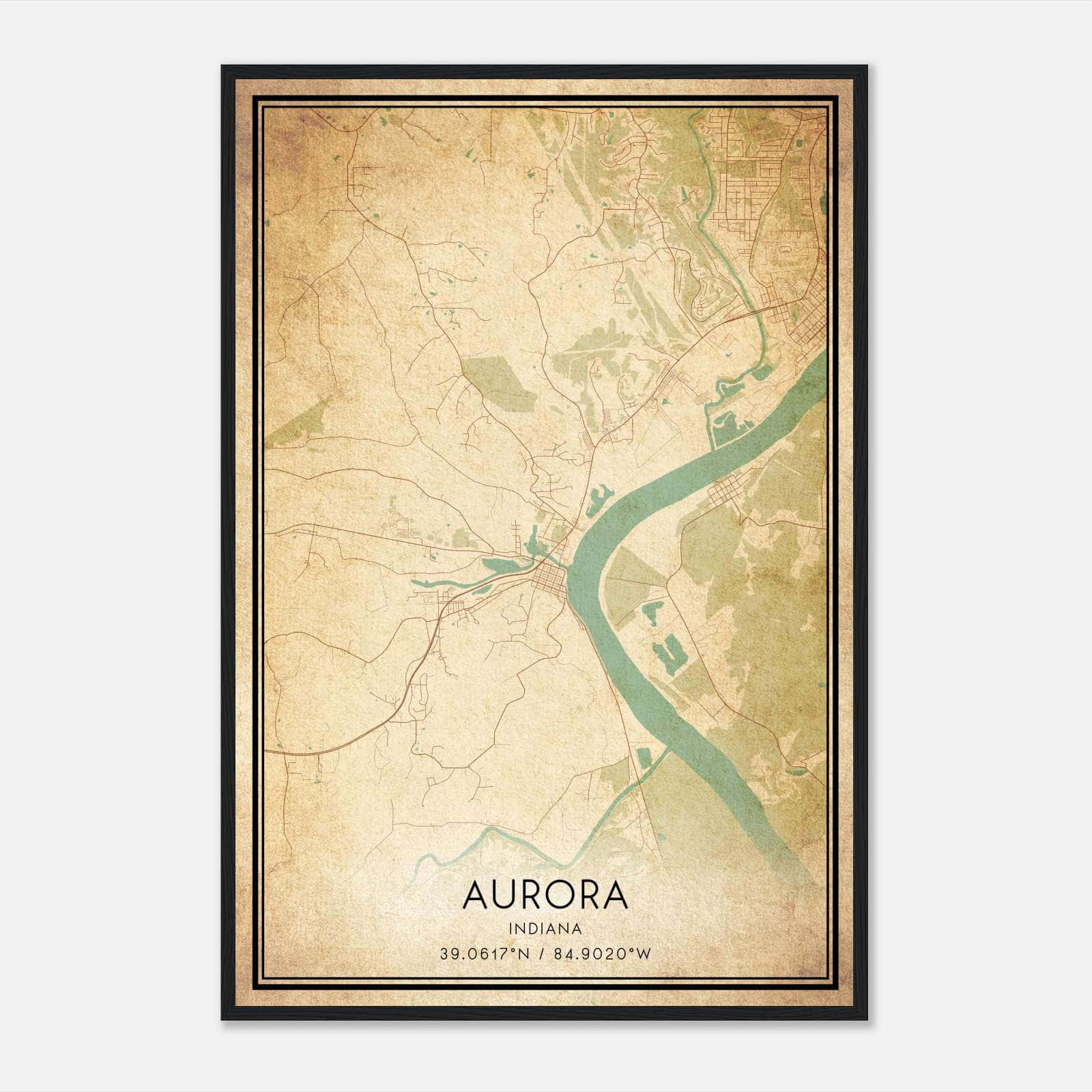 Vintage Aurora Indiana Map Poster, Aurora IN City Road Wall Art Print ...