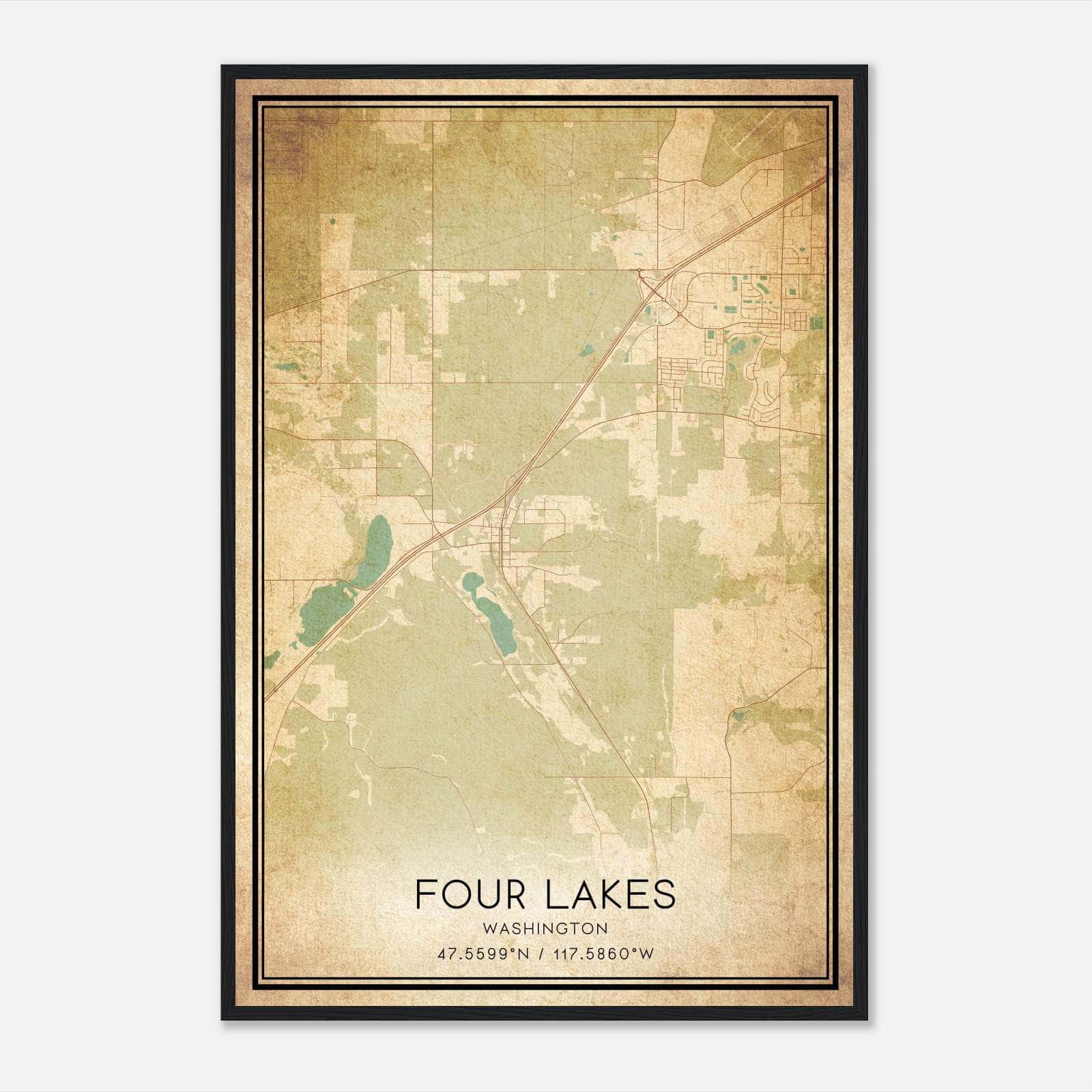 Vintage Four Lakes Washington Map Poster, Four Lakes WA City Road Wall Art Print Vintage Four Lakes Washington Map Poster, Four Lakes WA City Road Wall Art Print