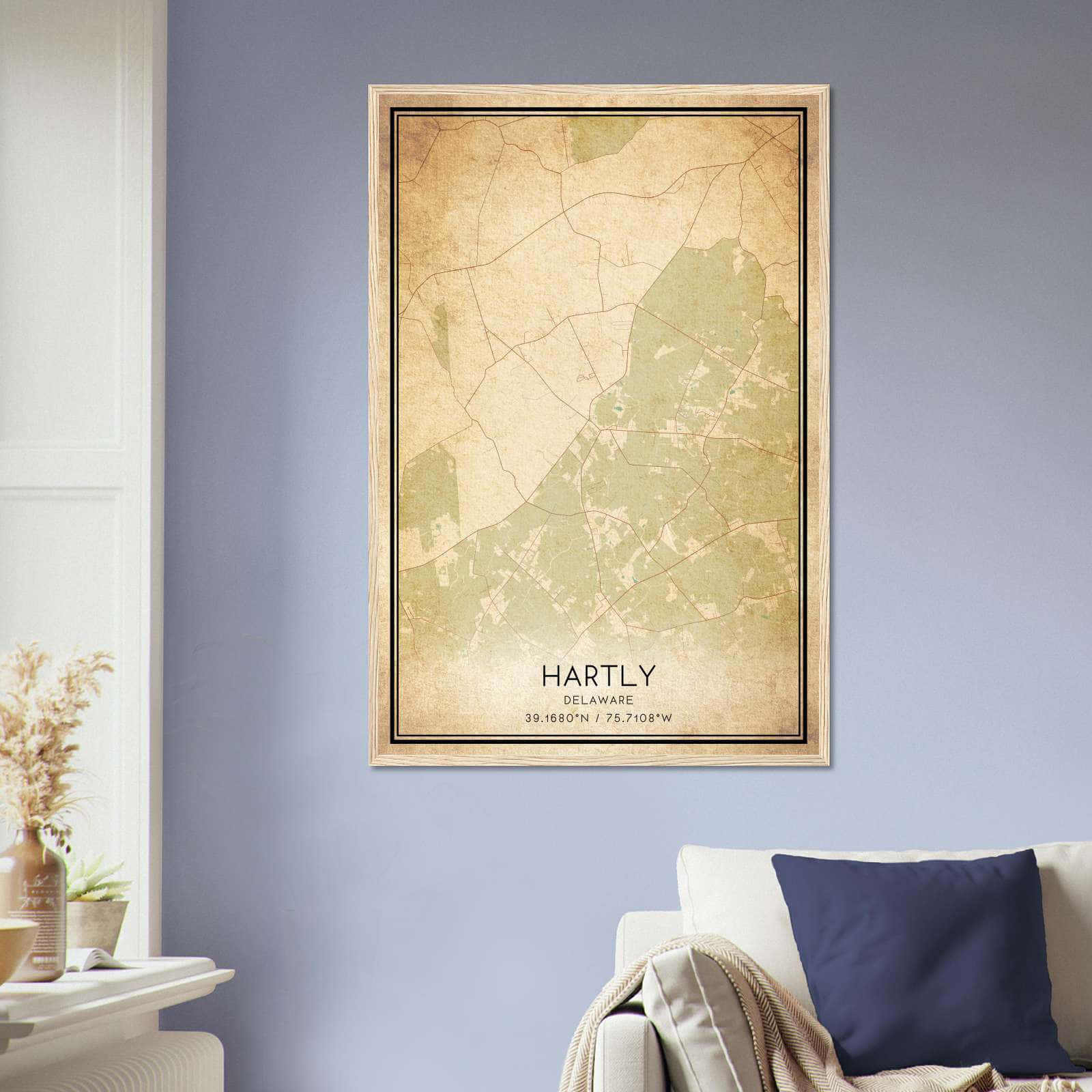 Vintage Hartly Delaware Map Poster, Hartly DE City Road Wall Art Print
