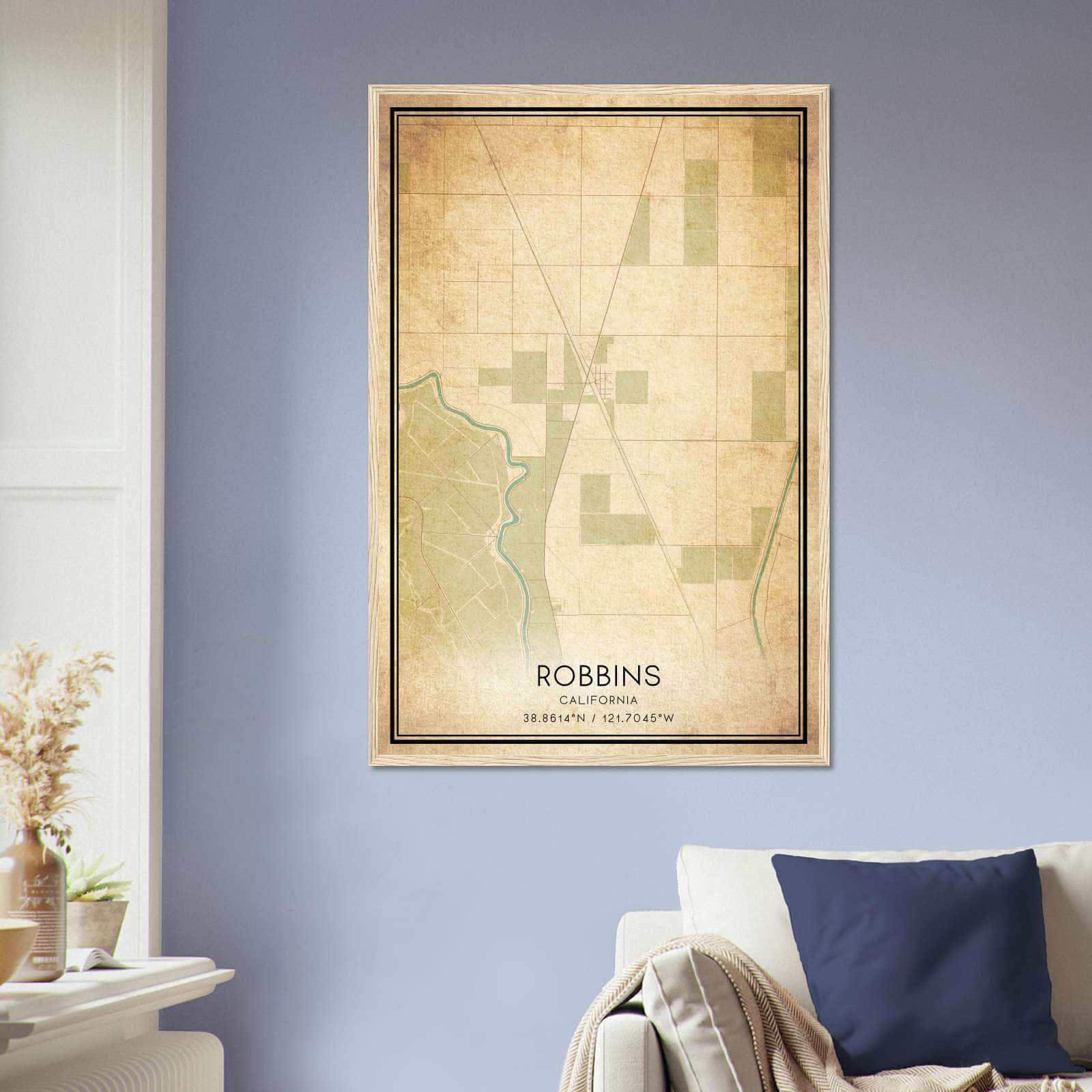 Vintage Robbins California Map Poster, Robbins CA City Road Wall Art Print