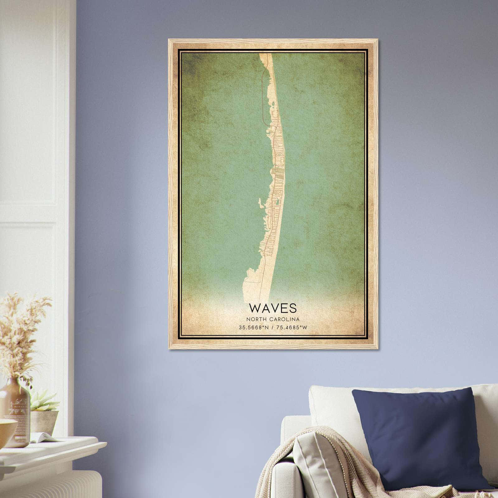 Vintage Waves North Carolina Map Poster, Waves NC City Road Wall Art Print