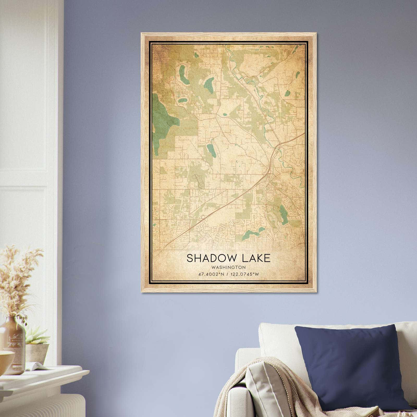 Vintage Shadow Lake Washington Map Poster, Shadow Lake WA City Road Wall Art Print