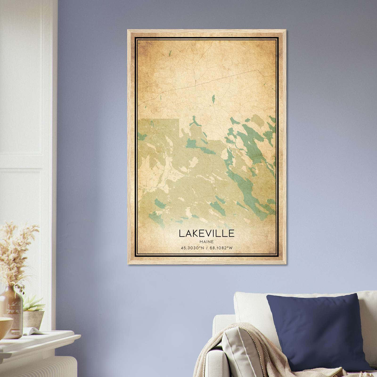 Vintage Lakeville Maine Map Poster, Lakeville ME City Road Wall Art Print