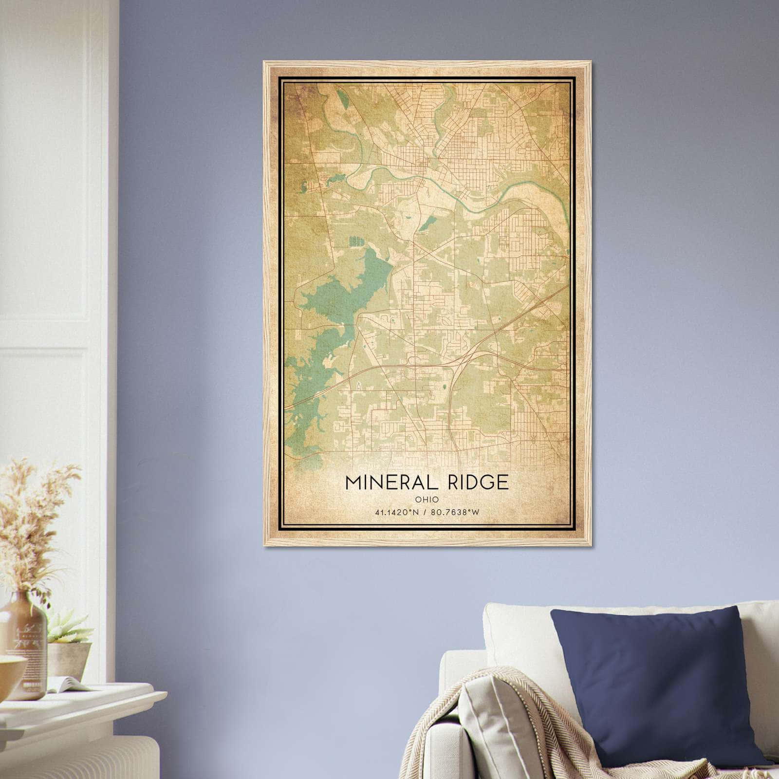 Vintage Mineral Ridge Ohio Map Poster, Mineral Ridge OH City Road Wall Art Print