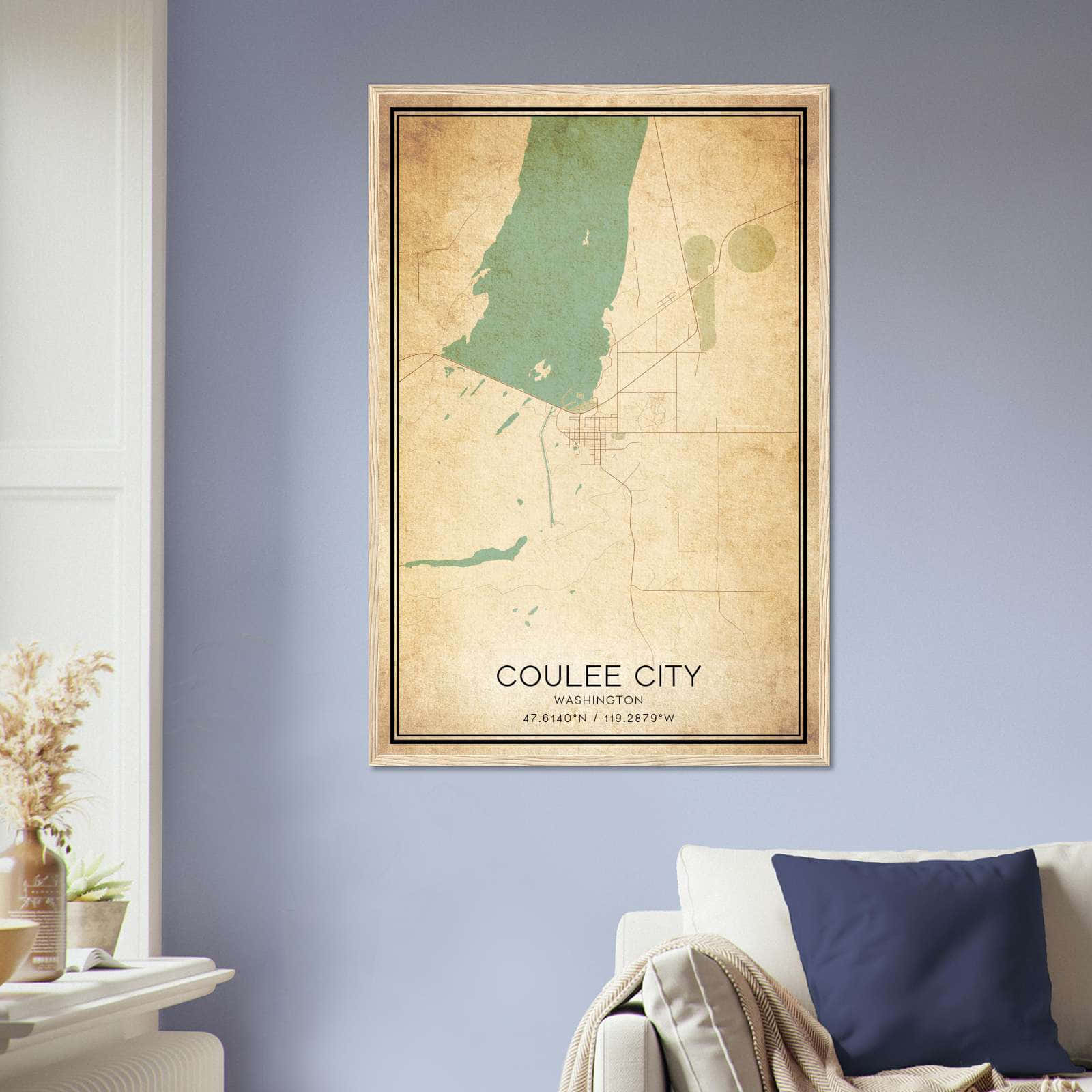 Vintage Coulee City Washington Map Poster, Coulee City WA City Road Wall Art Print