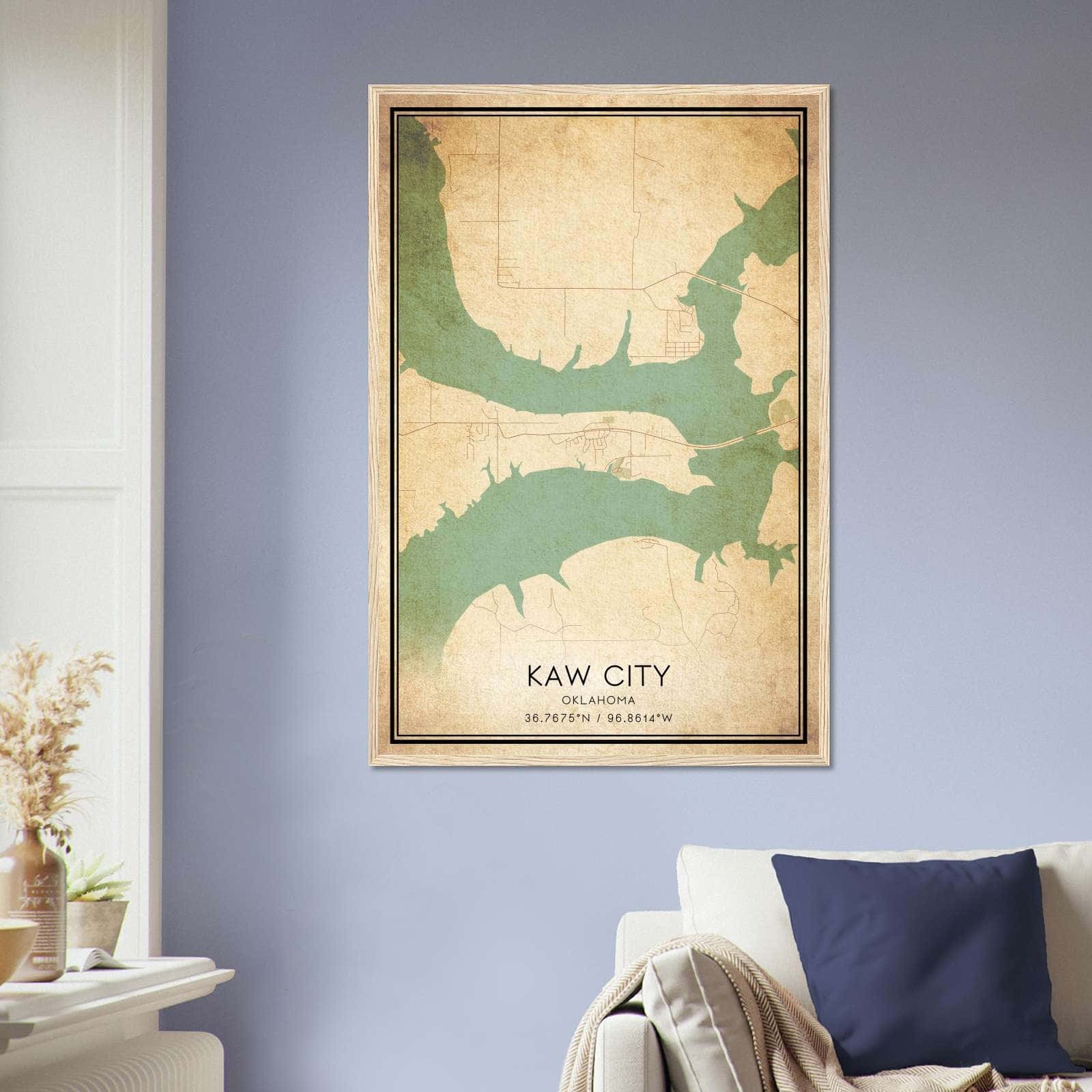 Vintage Kaw City Oklahoma Map Poster, Kaw City OK City Road Wall Art Print