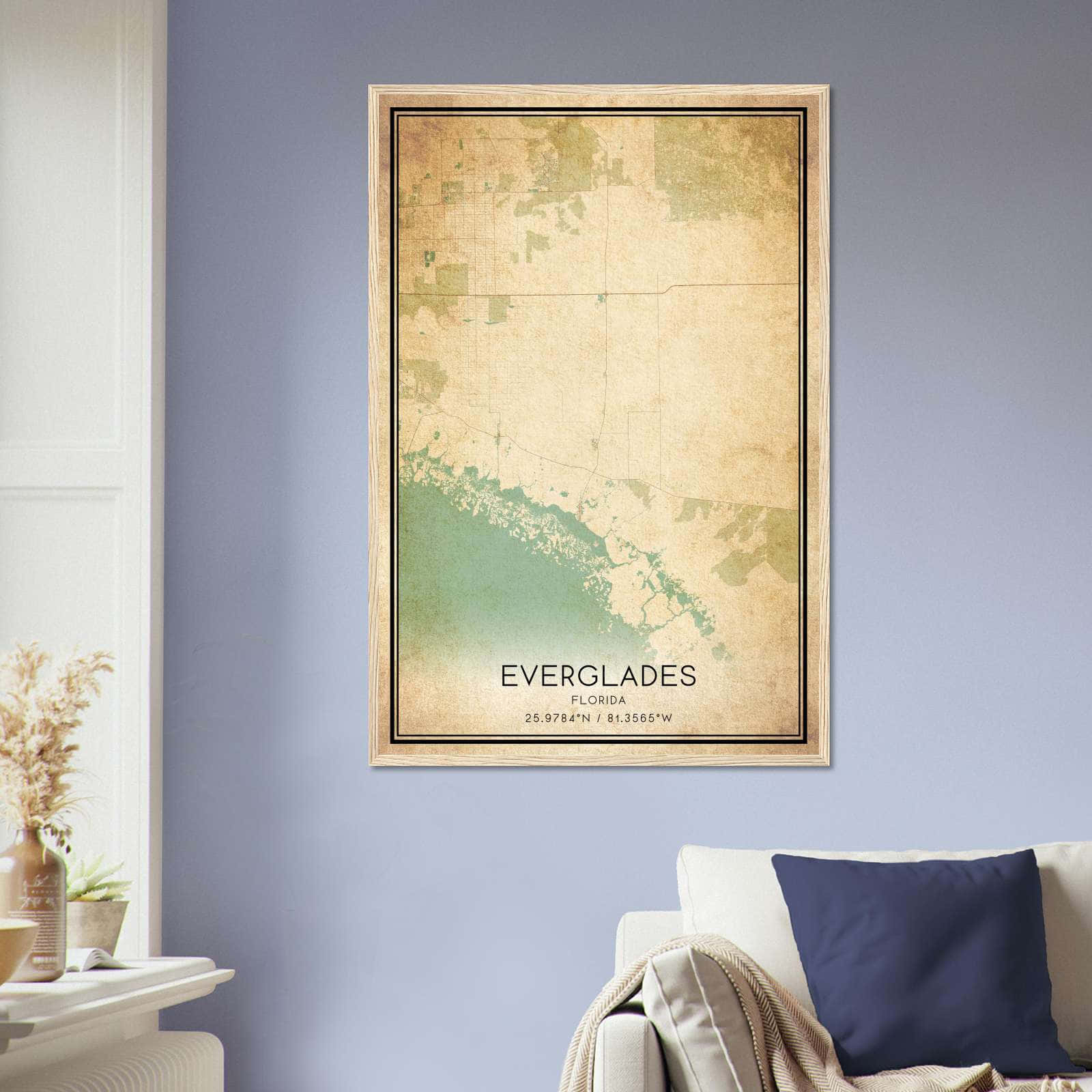 Vintage Everglades Florida Map Poster, Everglades FL City Road Wall Art Print