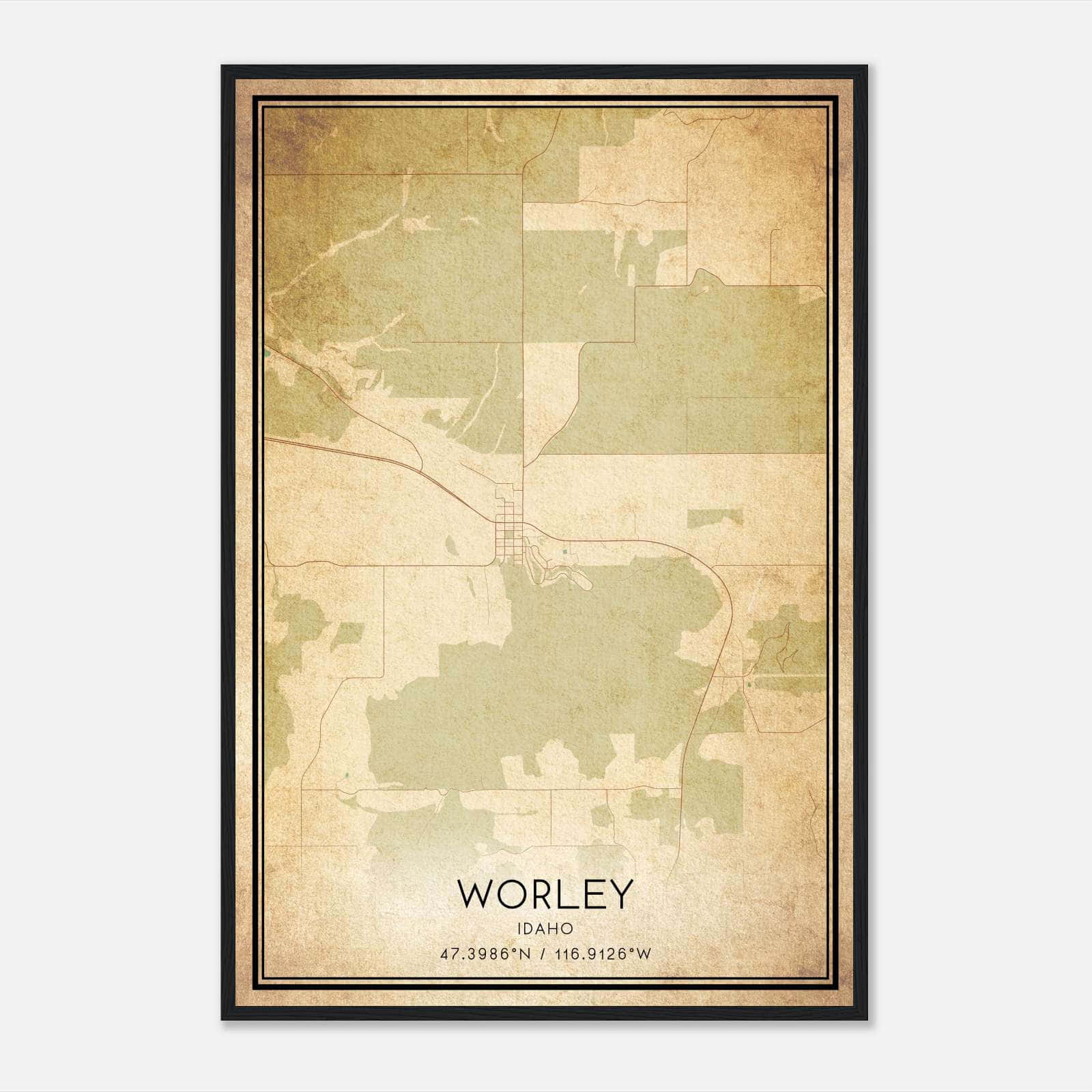 Vintage Worley Idaho Map Poster, Worley ID City Road Wall Art Print Vintage Worley Idaho Map Poster, Worley ID City Road Wall Art Print